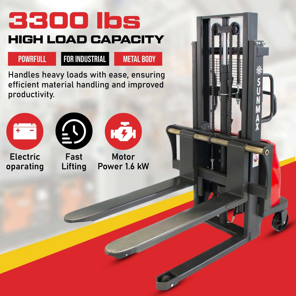 PS3300SE-2M Semi-Electric Pallet Stacker, 3300 lbs Capacity, 78" Lifting Height with Fixed Straddle Legs