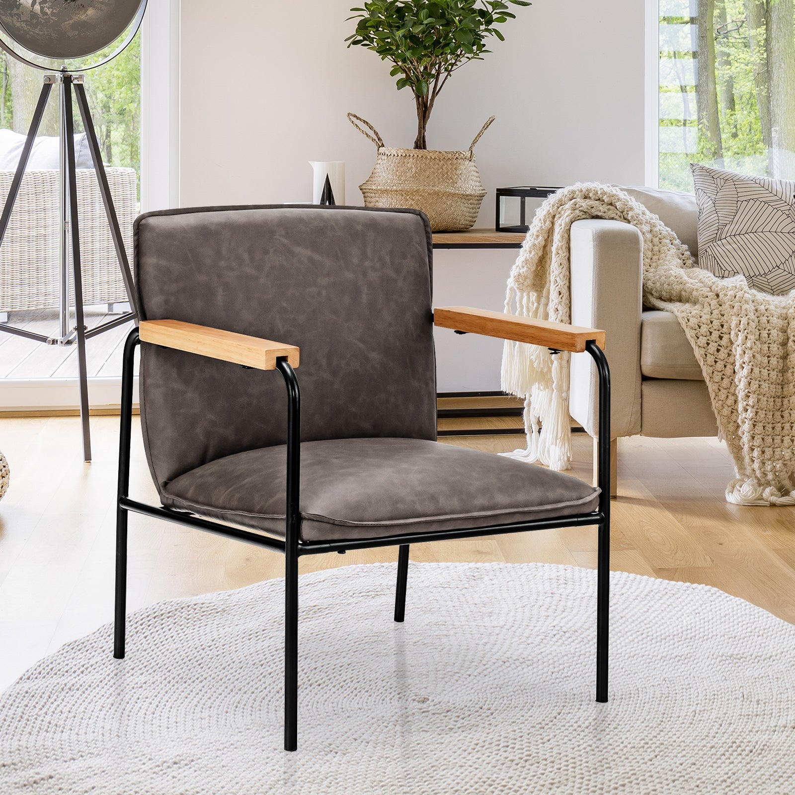 PU Leather Accent Chair with Rubber Wood Armrests
