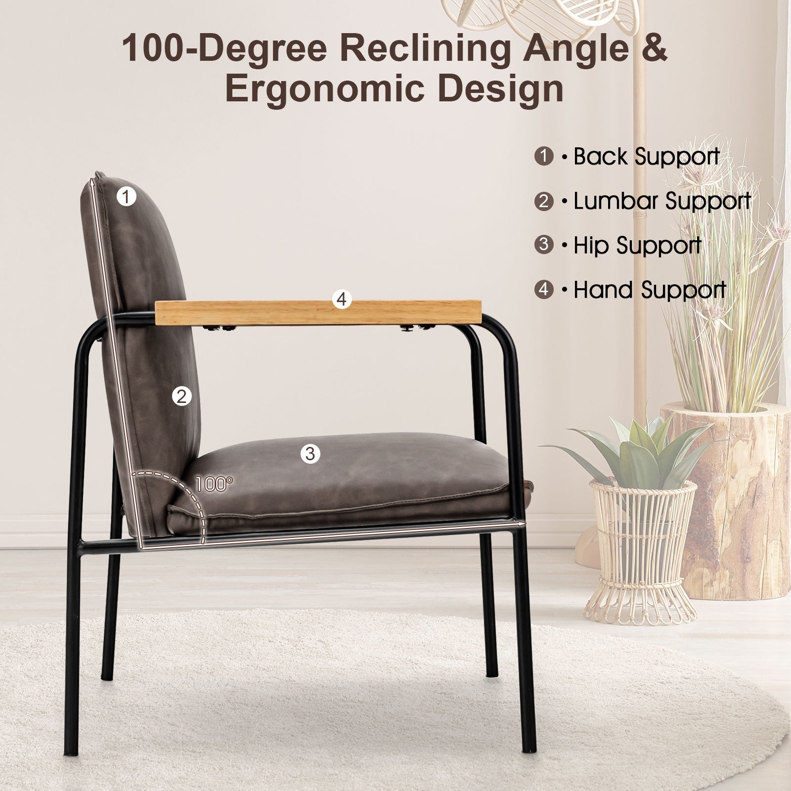 PU Leather Accent Chair with Rubber Wood Armrests