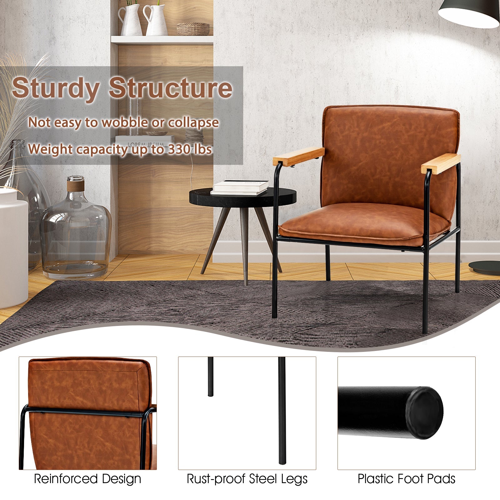PU Leather Accent Chair with Rubber Wood Armrests