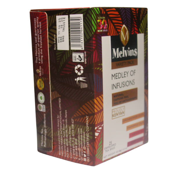 Melvins Medley of Infusions tea bags packaging details and side panel