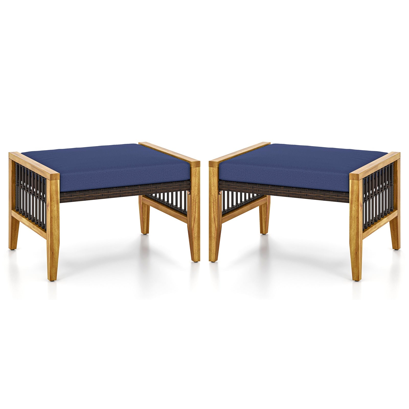 Patio Acacia Wood Ottomans with Cushions and Versatile Rattan Woven Footstools-Navy