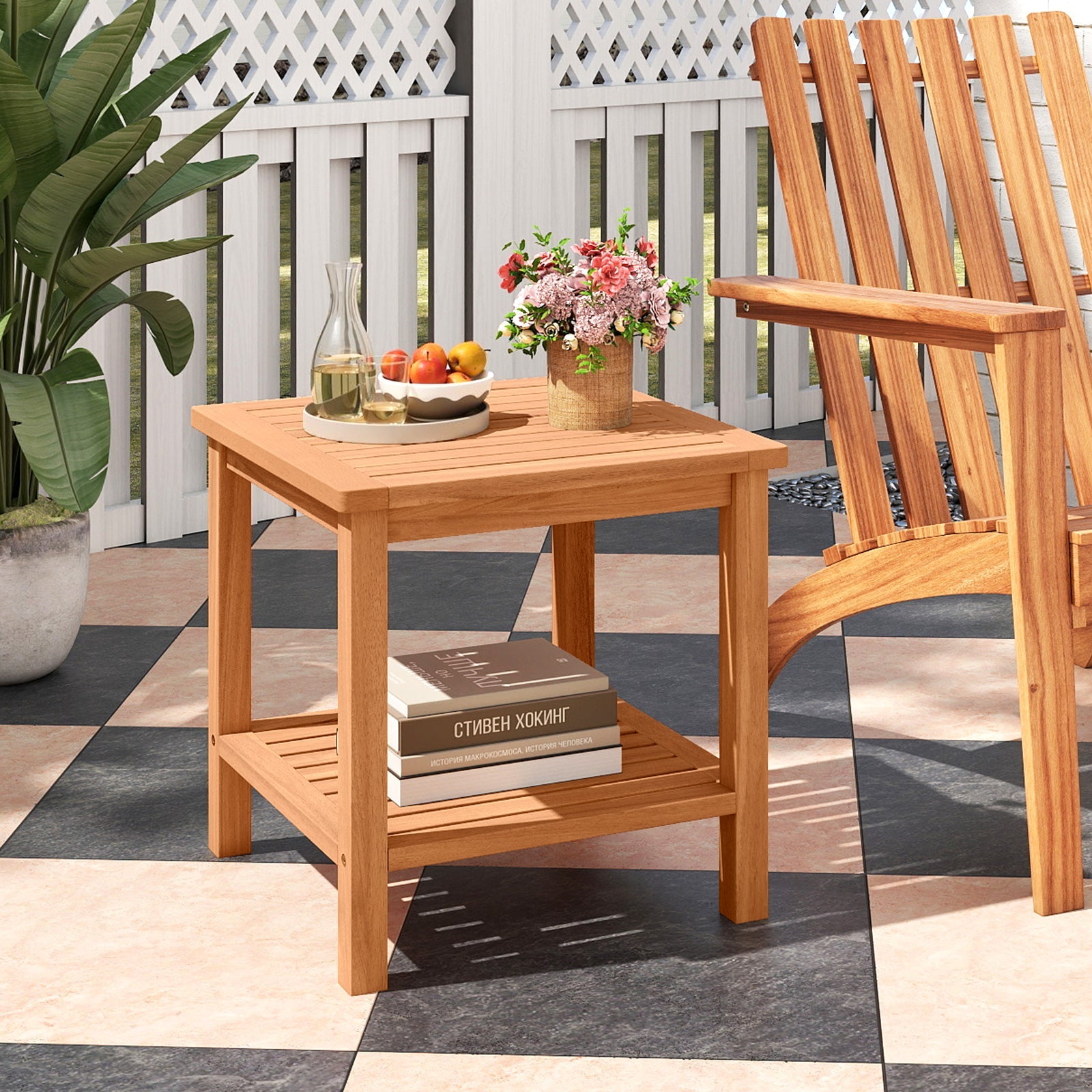 Patio Acacia Wood Side Table Set of 2 with Slatted Tabletop and Storage Shelf