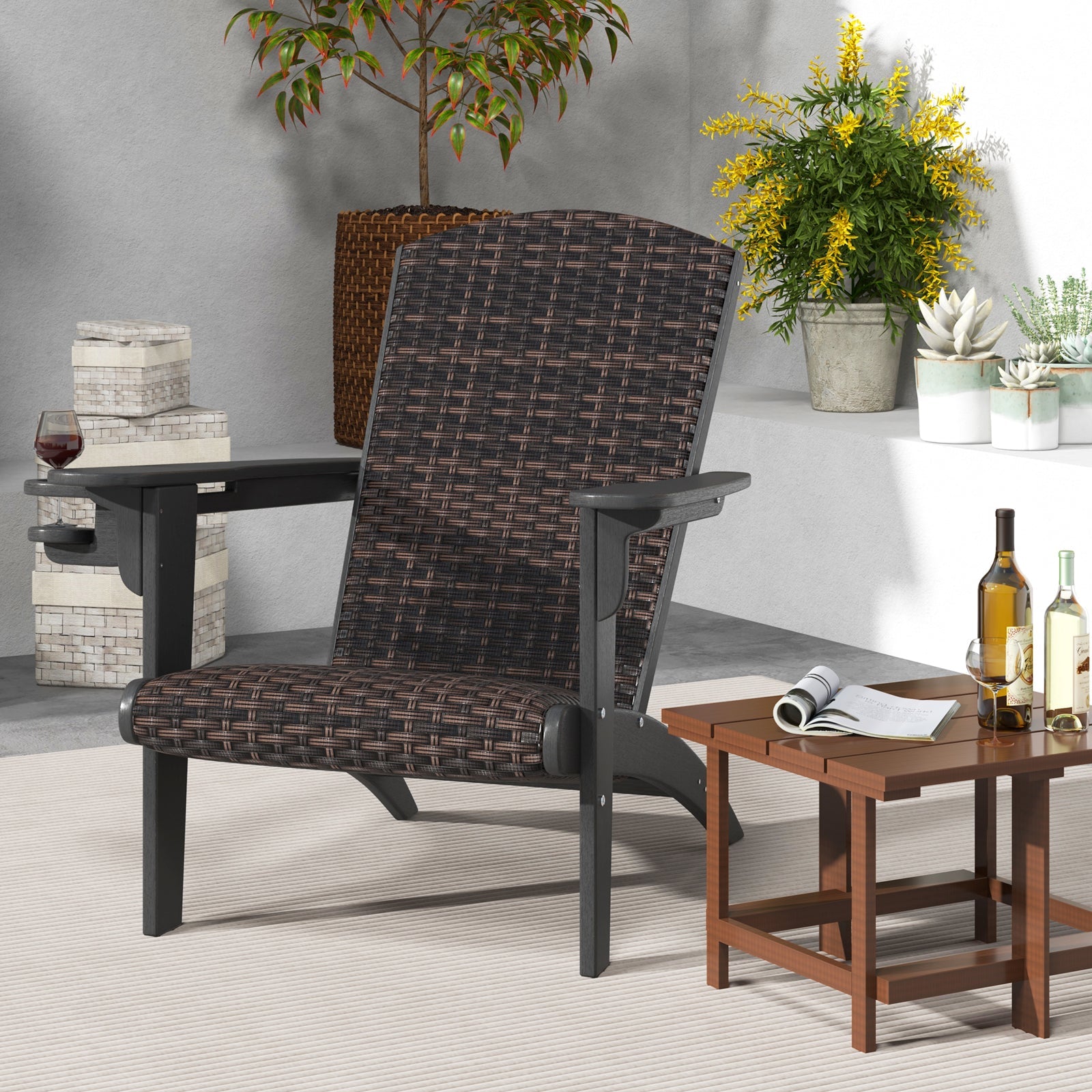 Patio Adirondack Chair with Rattan Padded Seat and Hidden Cupholder