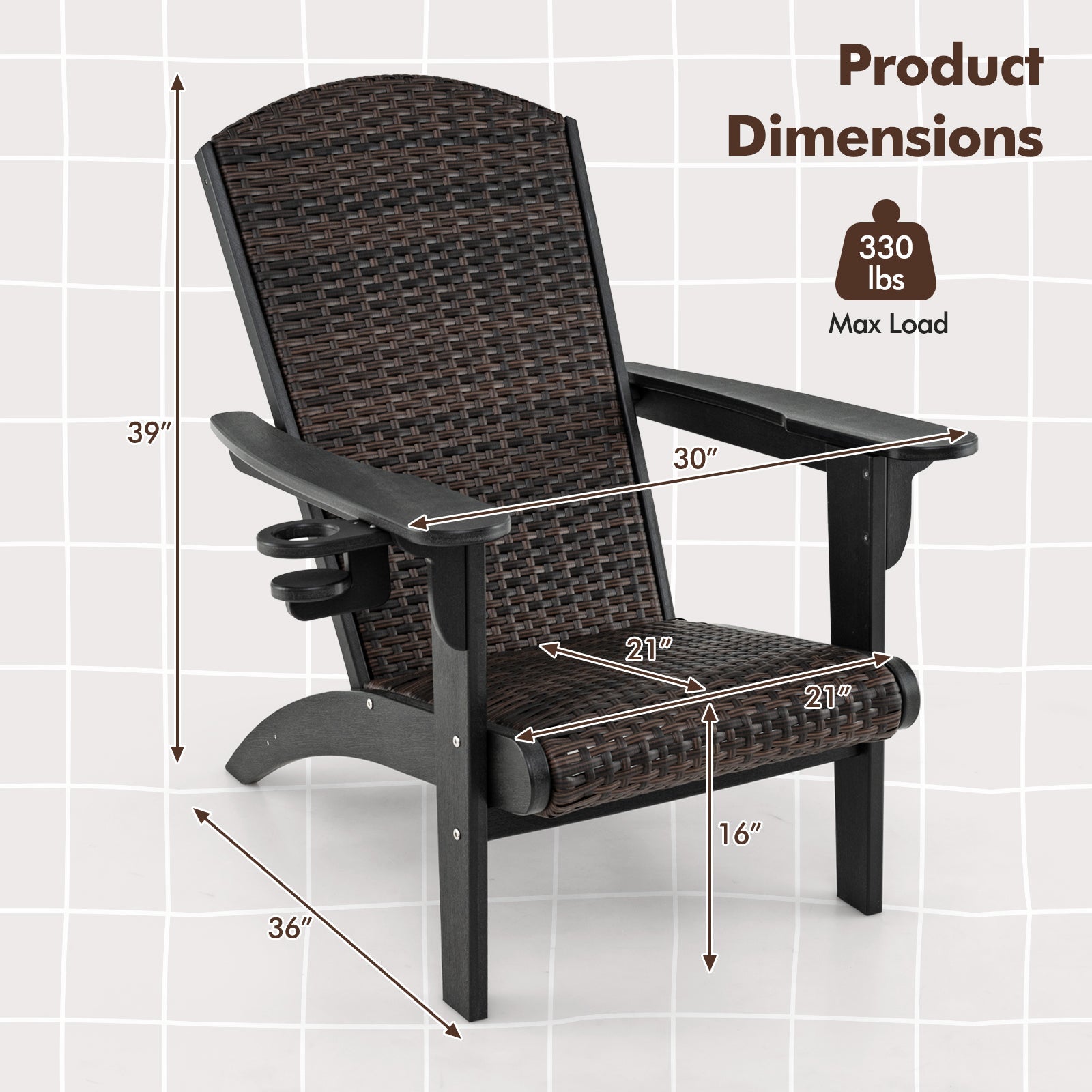 Patio Adirondack Chair with Rattan Padded Seat and Hidden Cupholder