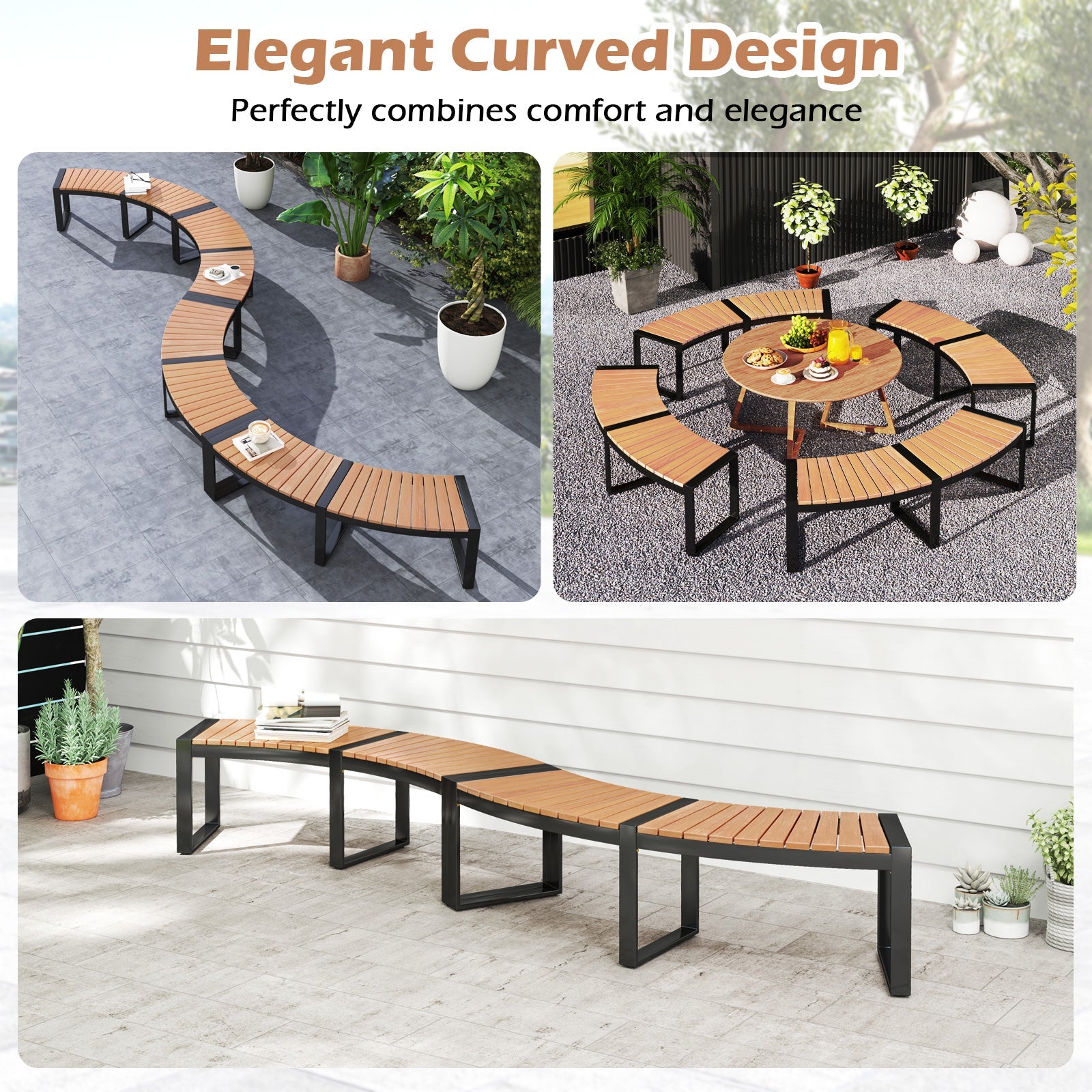 Patio Curved Bench with Slatted Seat and Metal Legs