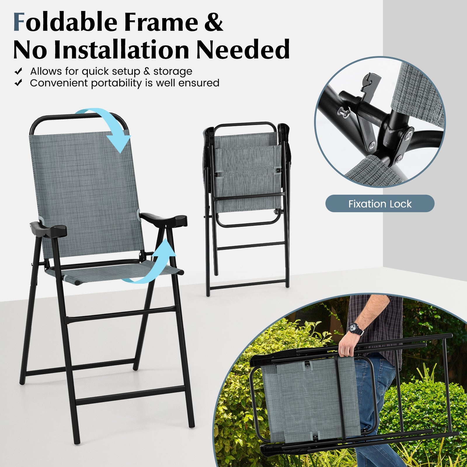 Patio Folding Bar Stool Set of 4 with Metal Frame and Footrest