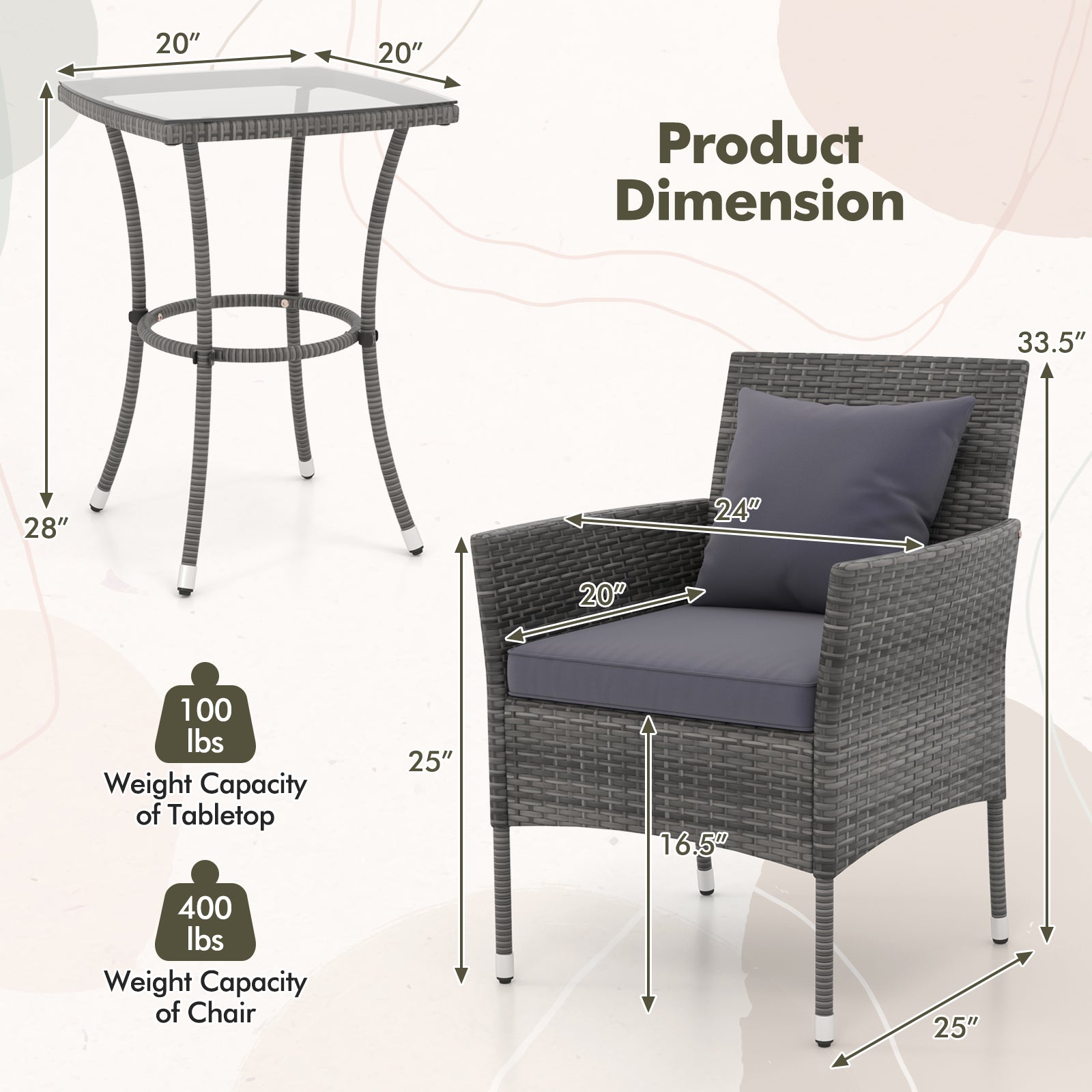 3 Pieces Patio Furniture Set with Cushioned Patio Chairs and Tempered Glass Coffee Table