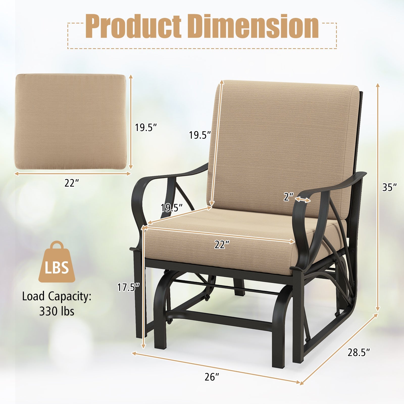 Patio Glider Rocking Chair with Thick Cushion and Curved Armrest