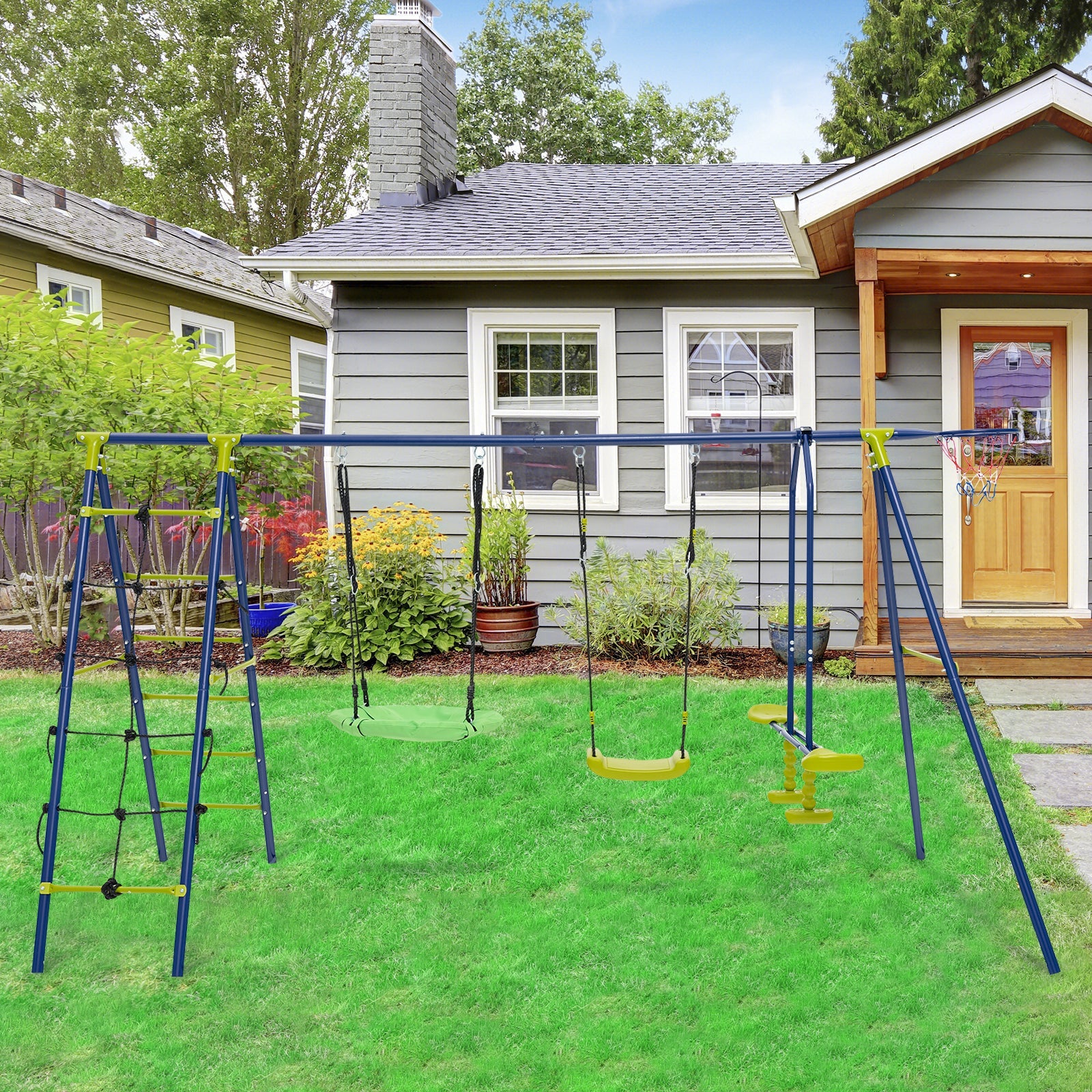 550 LBS 6-in-1 Patio Kids Swing Set with Climbing Net and Ladder