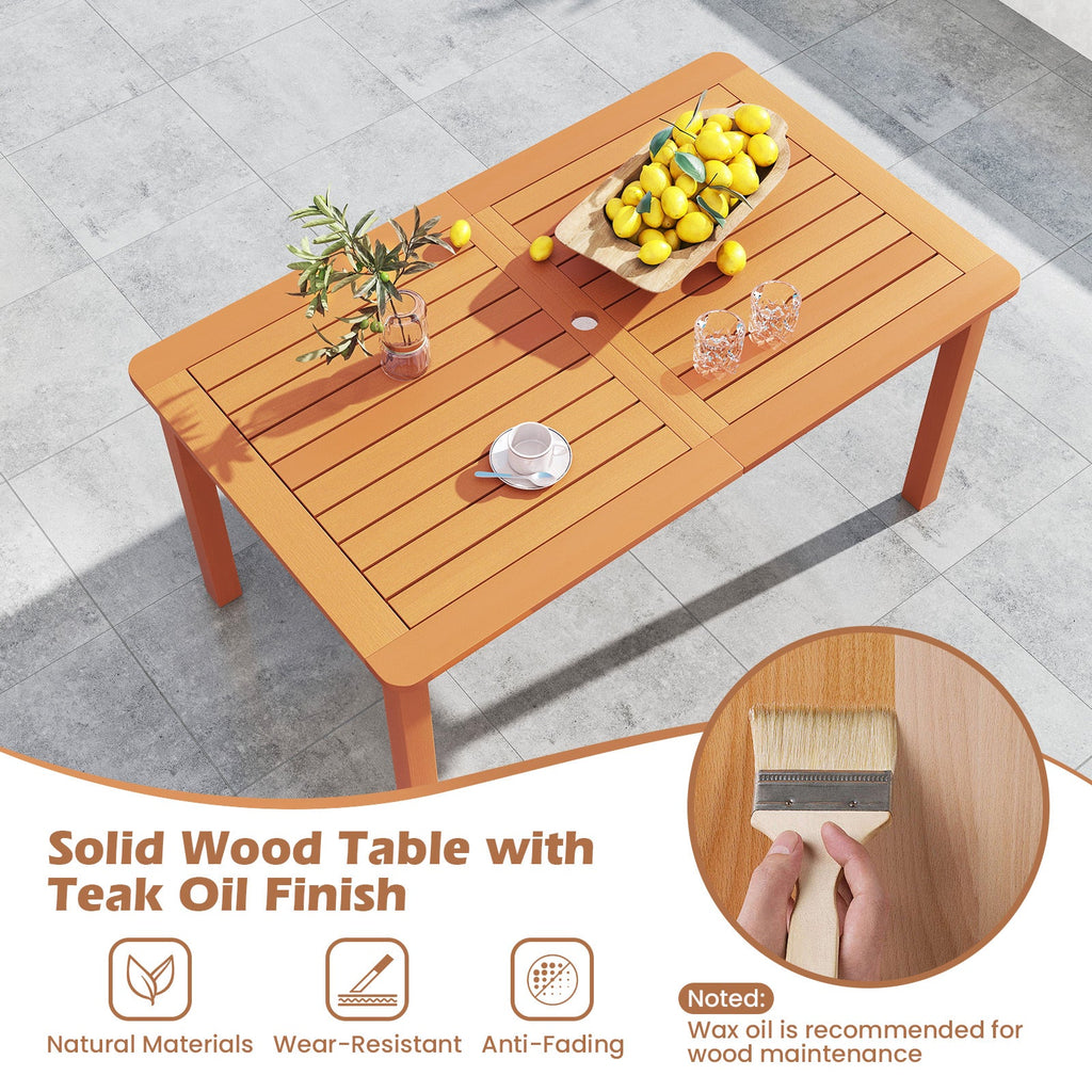 Patio Outdoor Solid Wood Dining Table with Umbrella Hole for 6