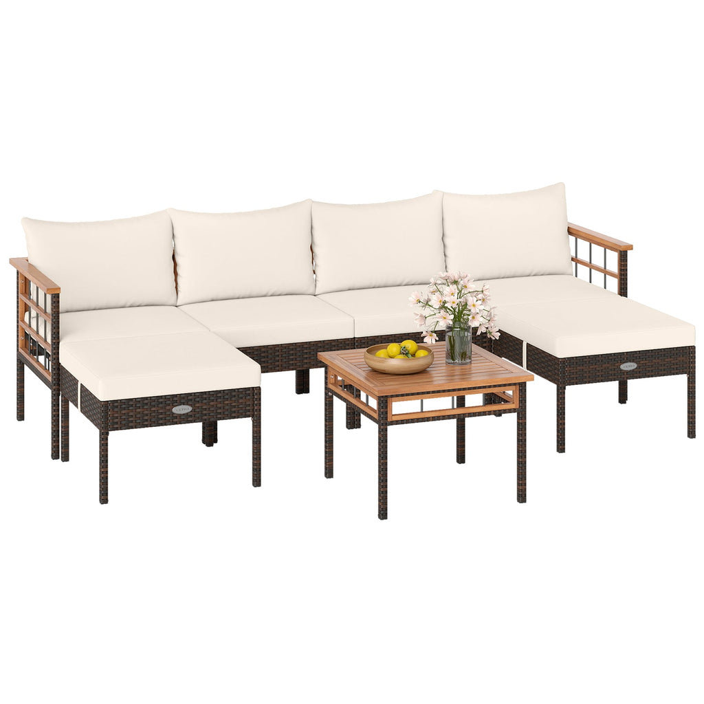 Patio Rattan Chairs with Ottomans and Side Table for Backyard-White