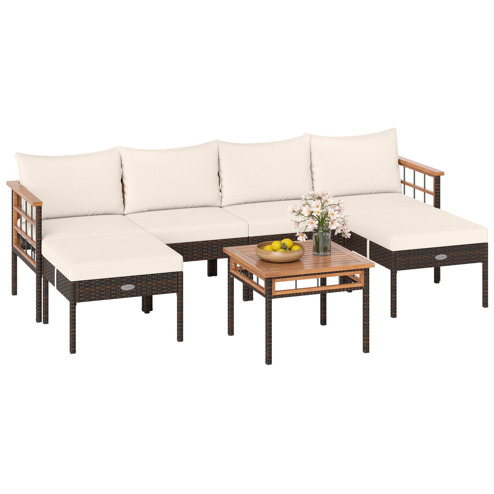 Patio Rattan Chairs with Ottomans and Side Table for Backyard-White
