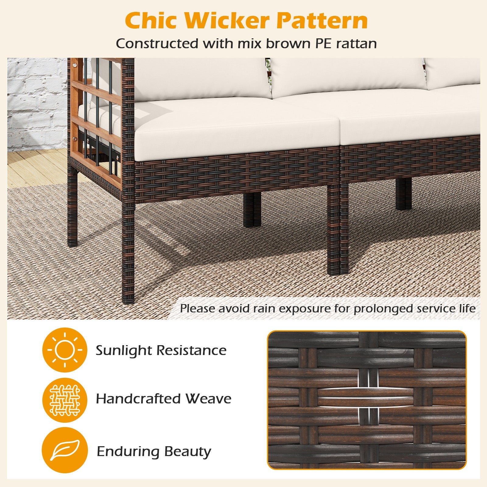 Patio Rattan Chairs with Ottomans and Side Table for Backyard-White