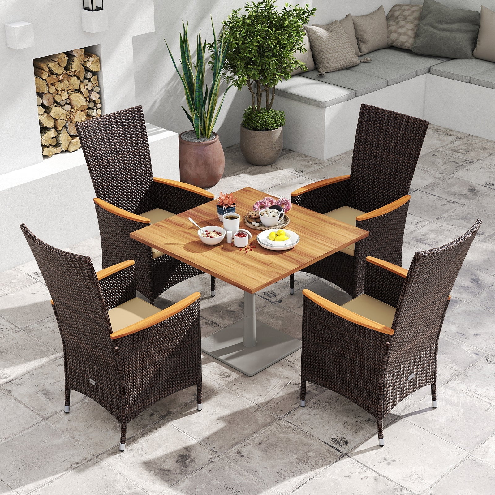 Patio Rattan Chairs Set of 2 Outdoor Wicker Dining Chairs with High Backrest-Beige