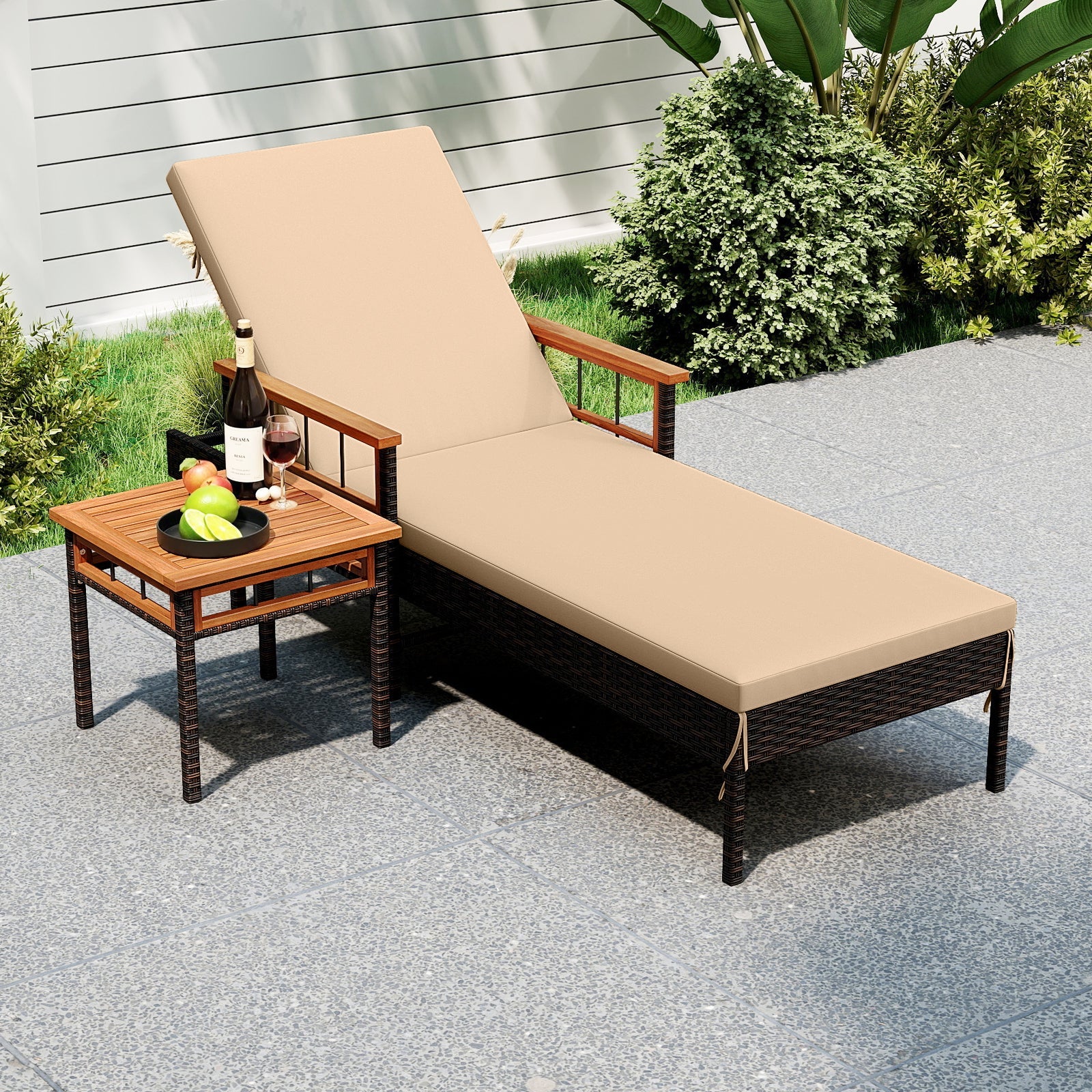 Patio Rattan Chaise Lounge with Side Table and Adjustable Backrest-Beige