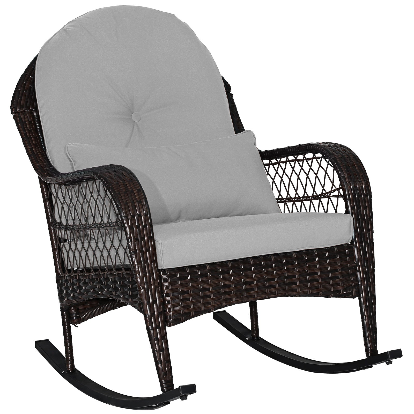 Patio Rattan Rocking Chair with Seat Back Cushions and Waist Pillow