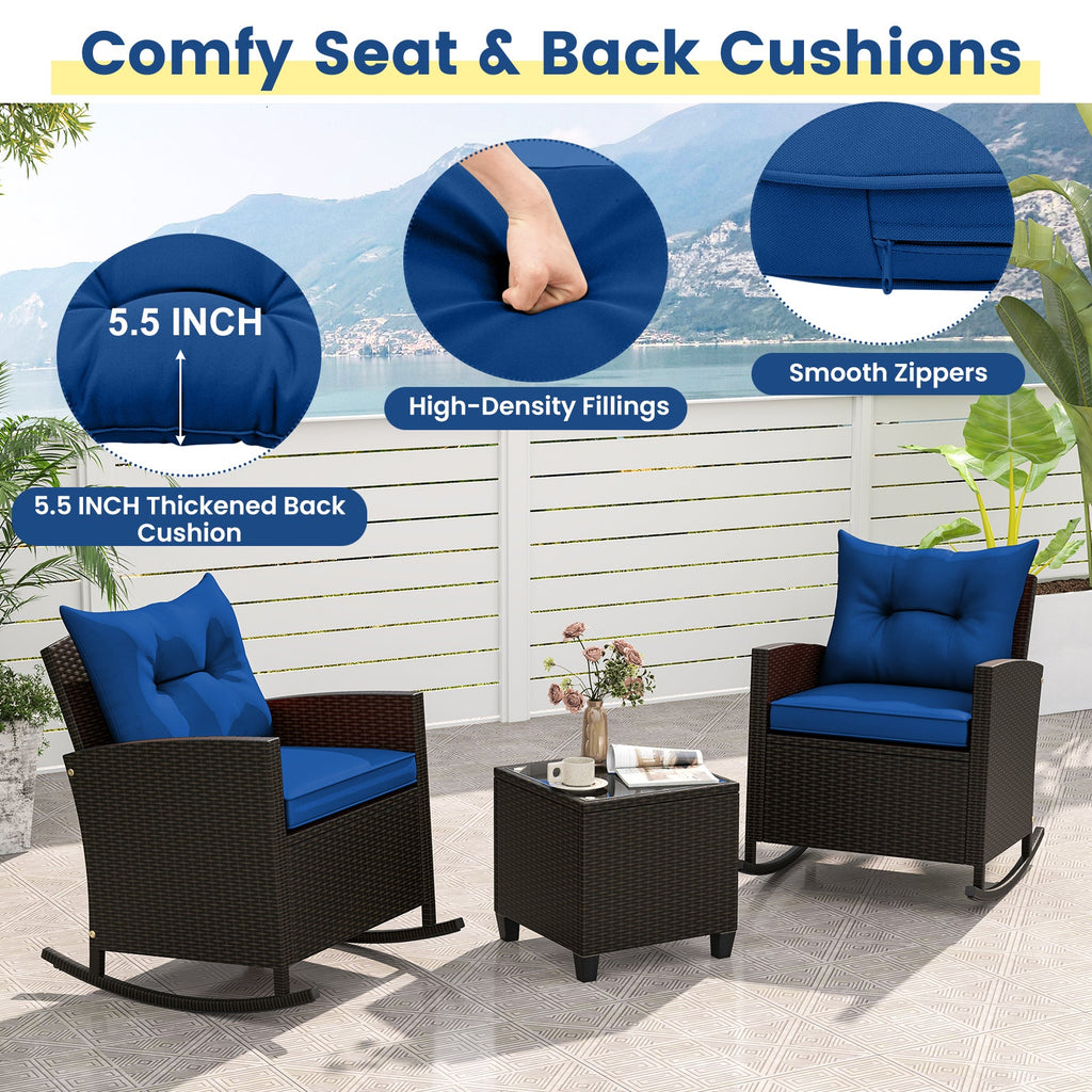 Patio Rattan Roker Chairs with Tempered Glass Table and Soft Cushions for Backyard Poolside Porch