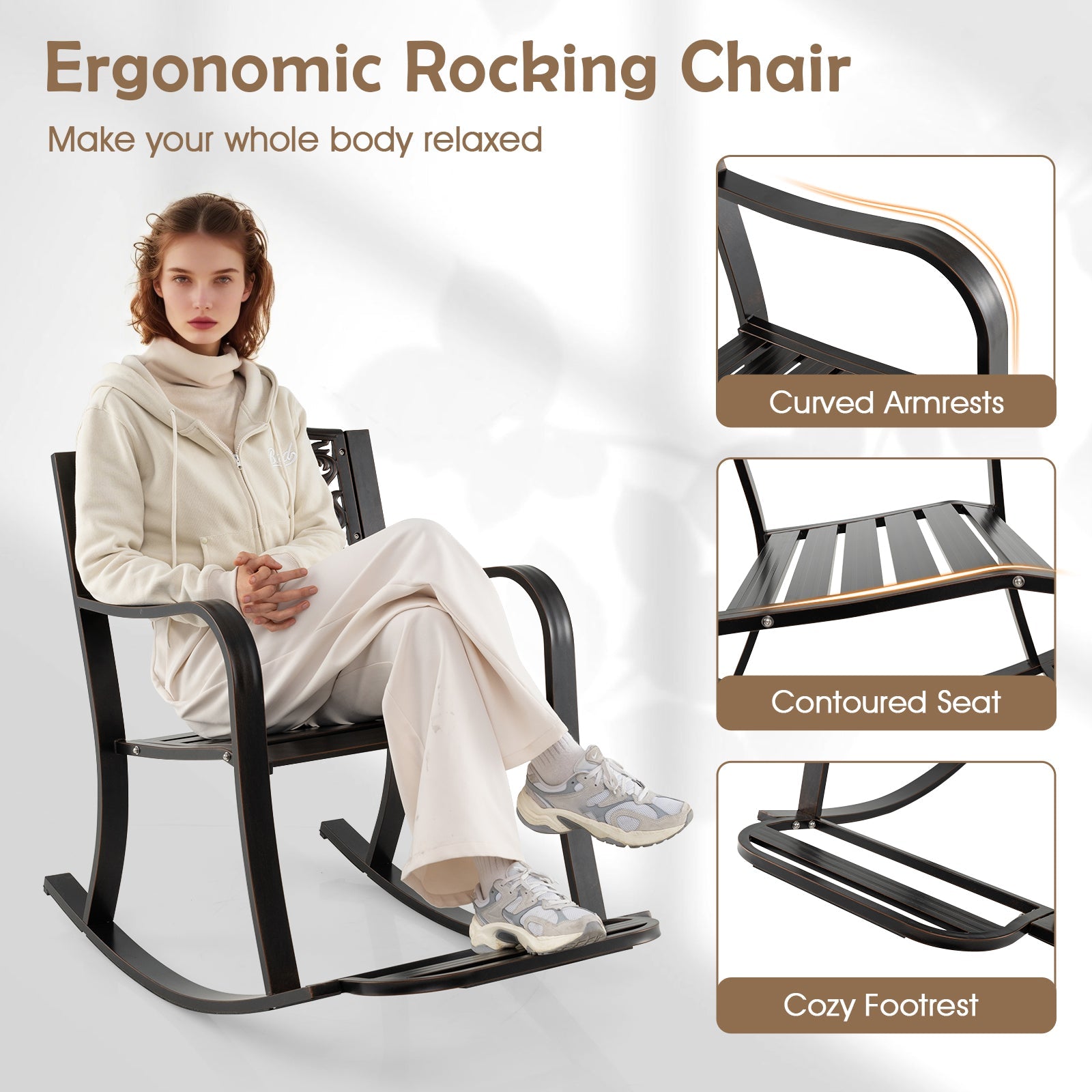 Patio Rocking Chair with Footrest and Curved Armrests-Brown