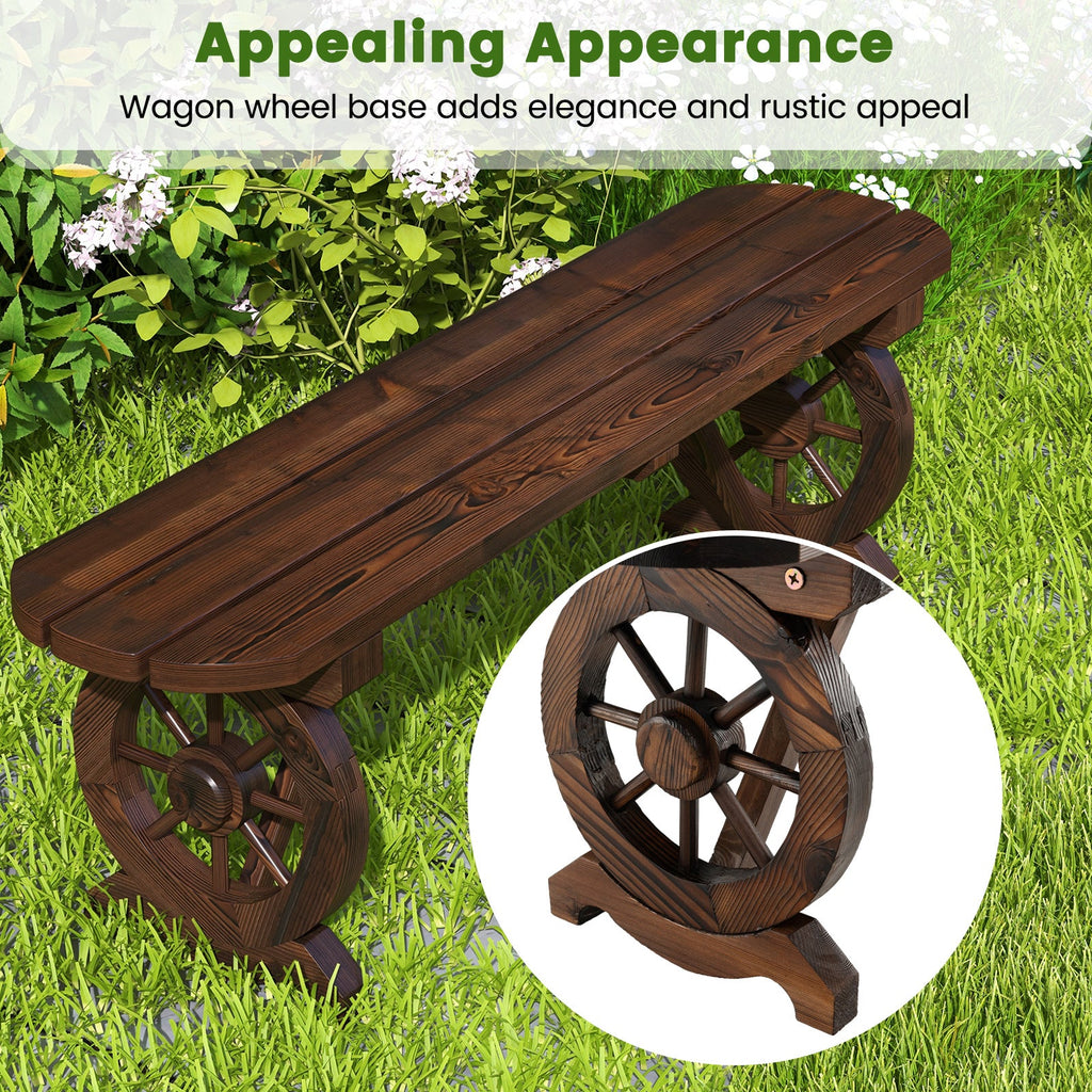 Patio Rustic Wood Bench with Wagon Wheel Base