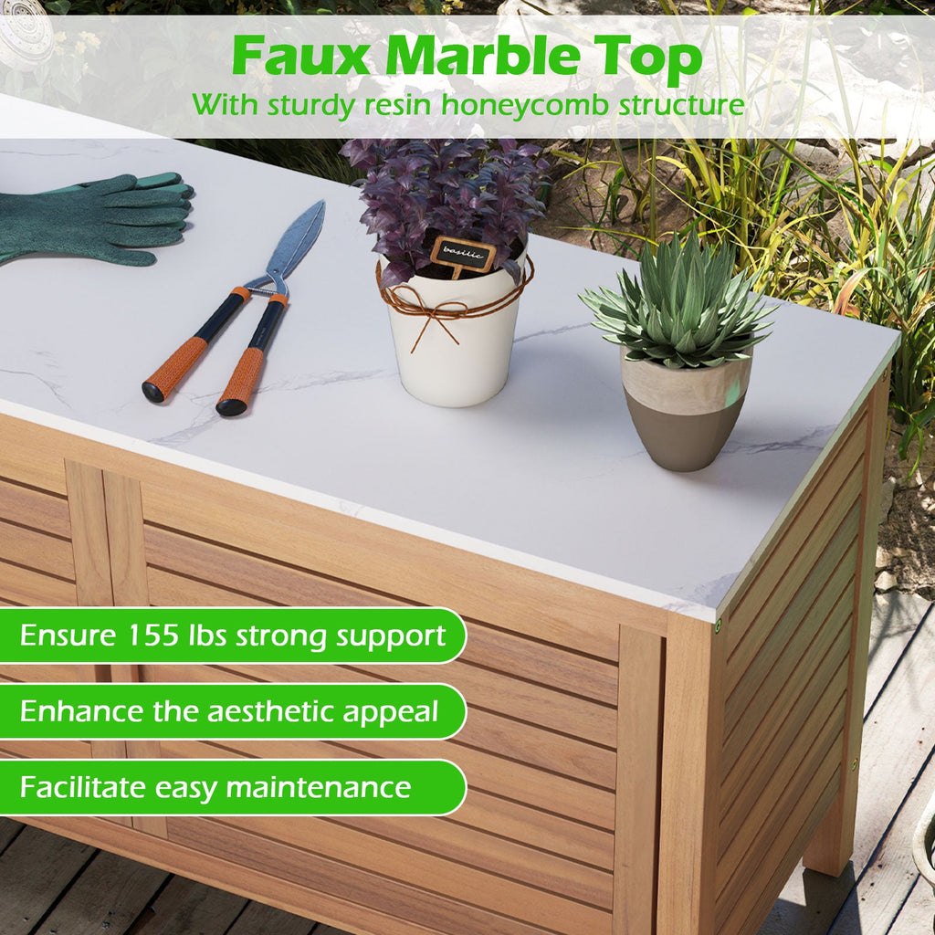 Patio Storage Cabinet 2-Door Acacia Wood Storage Container with Faux Marble Top