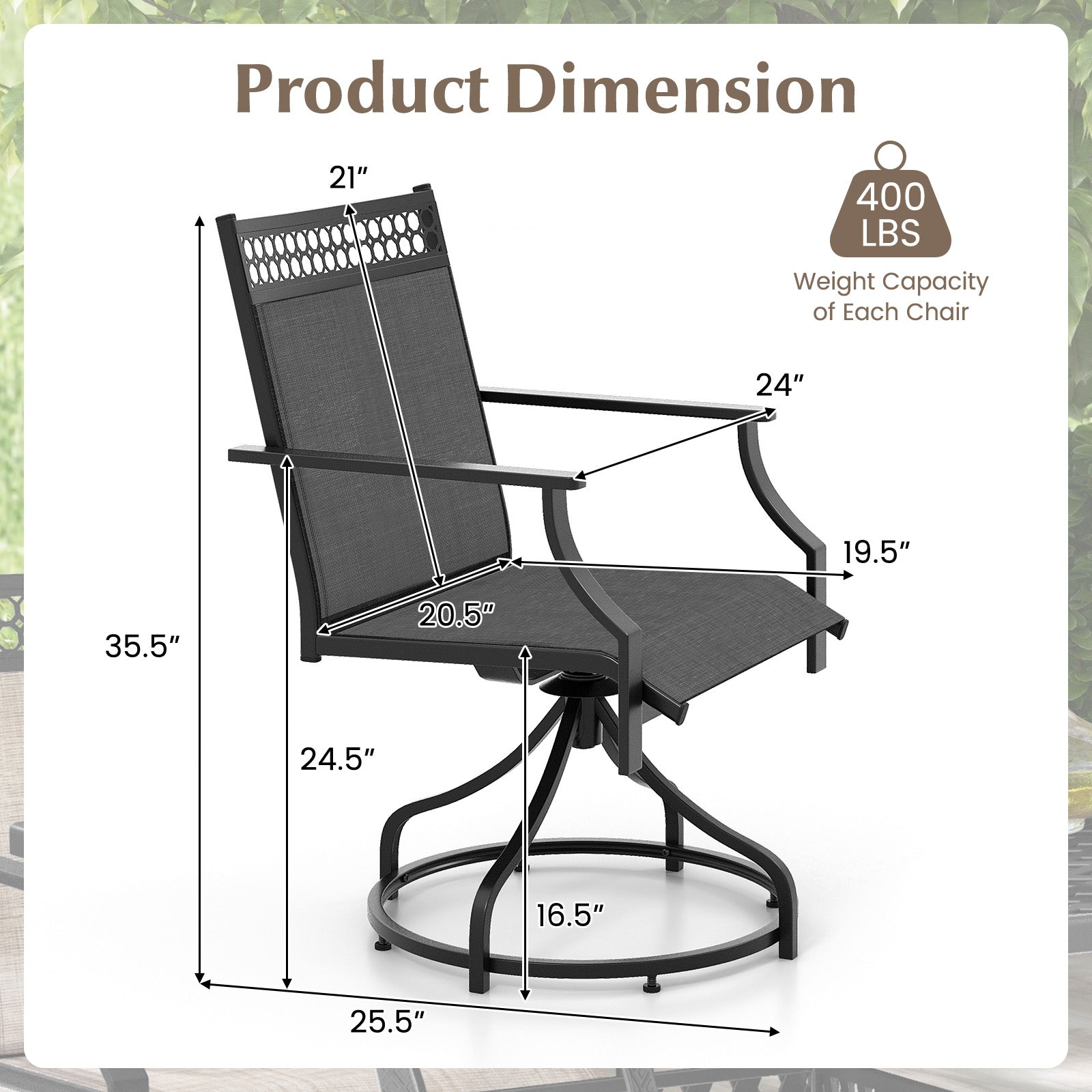 Patio Swivel Dining Chairs Set of 2 with Heavy-duty Metal Frame and Armrests