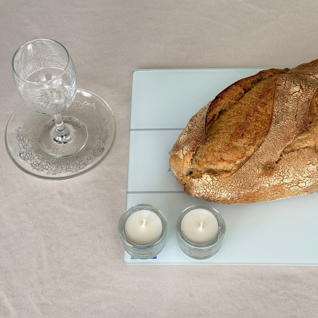 Handmade tempered glass challah tray | Modern and luxurious design for Shabbat and holidays | Silver Spark