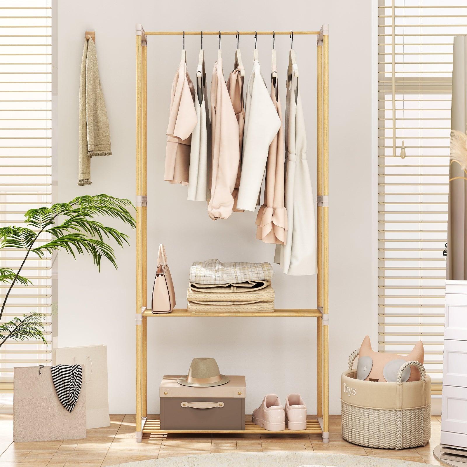 Pine Wood Clothes Rack with 2-Tier Open Storage Shelf for Hanging Clothes-Gray