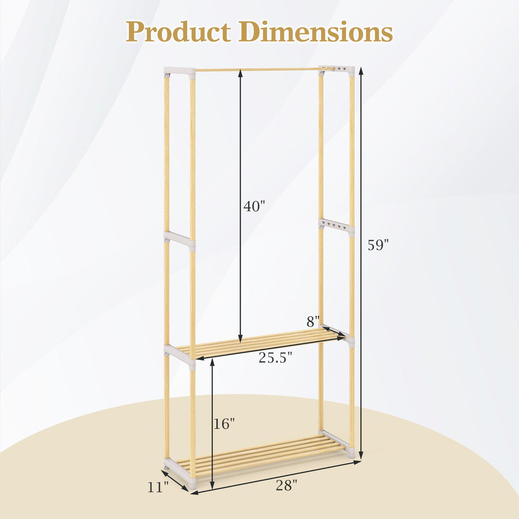 Pine Wood Clothes Rack with 2-Tier Open Storage Shelf for Hanging Clothes-Gray