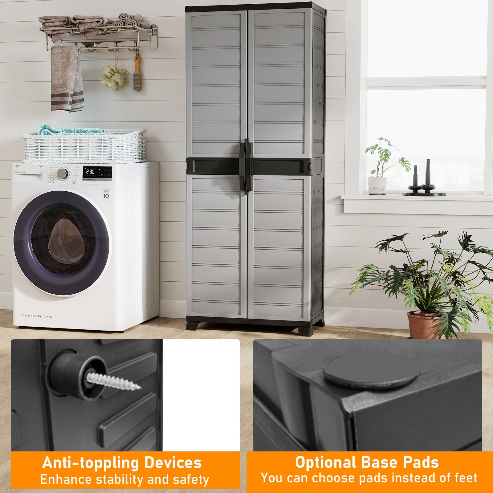 Plastic Lockable Storage Cabinet with Doors and 3 Adjustable Shelves