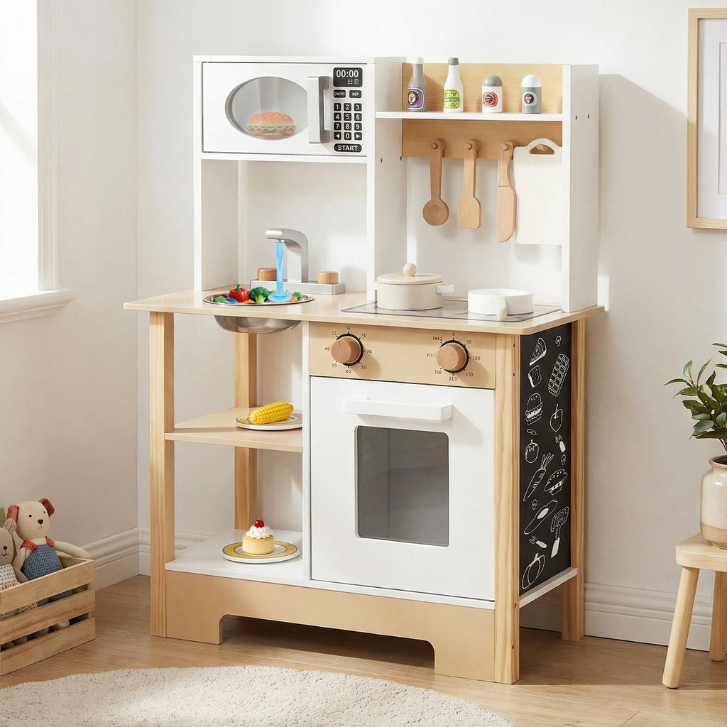 Play Kitchen Wooden Toy Kitchen Playset with Chalkboard Birthday Gift for Kids Aged 3 +