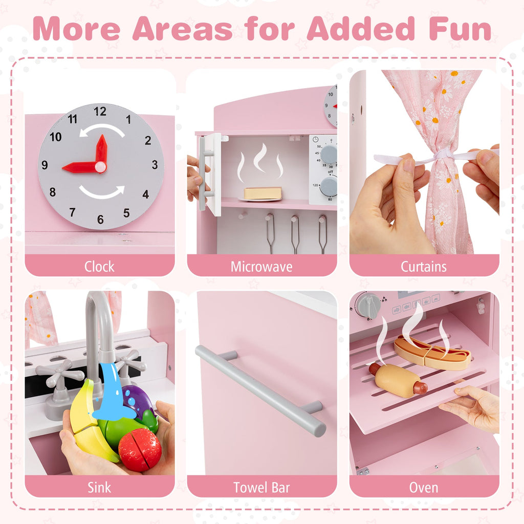Play Kitchen for Kids Wooden Chef Pretend Playset with 3 Adjustable Heights Microwave