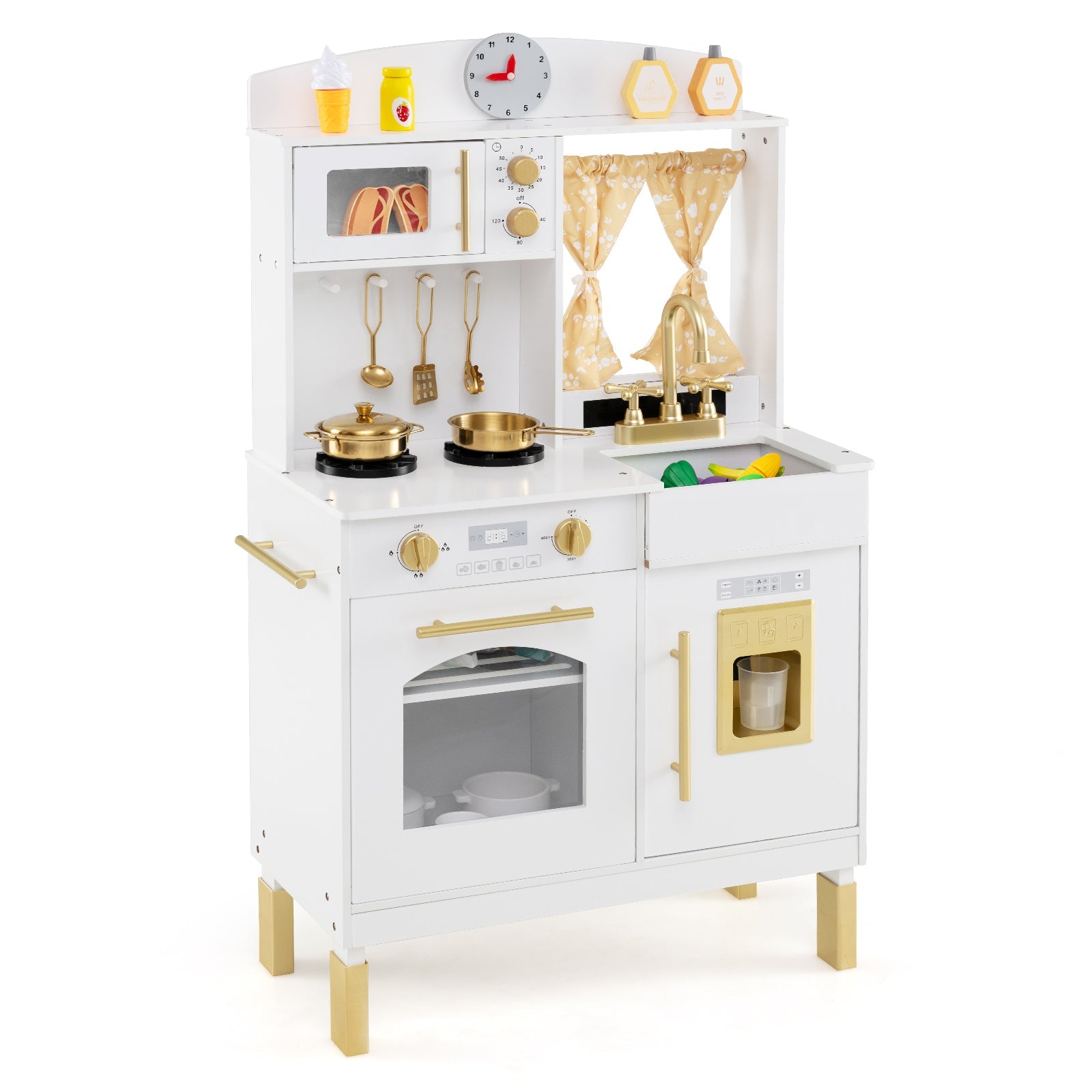 Play Kitchen for Kids Wooden Chef Pretend Playset with 3 Adjustable Heights Microwave