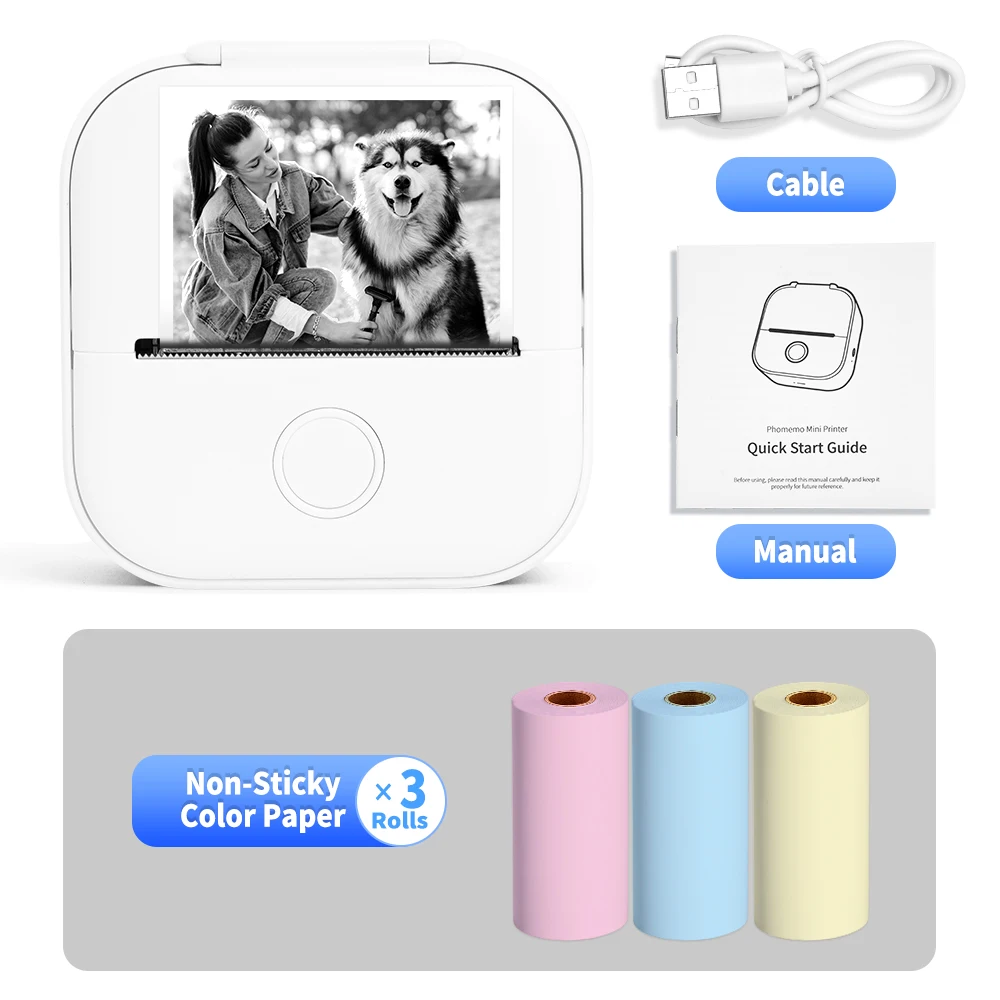 -Portable Mini Thermal Printer, T02 Pocket Label Printer, DIY Self-Adhesive Sticker Label Machine, Various Paper