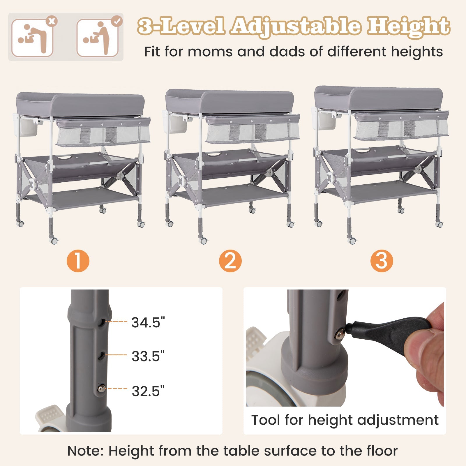 Portable Baby Changing Table with Wheels and Large Storage Rack