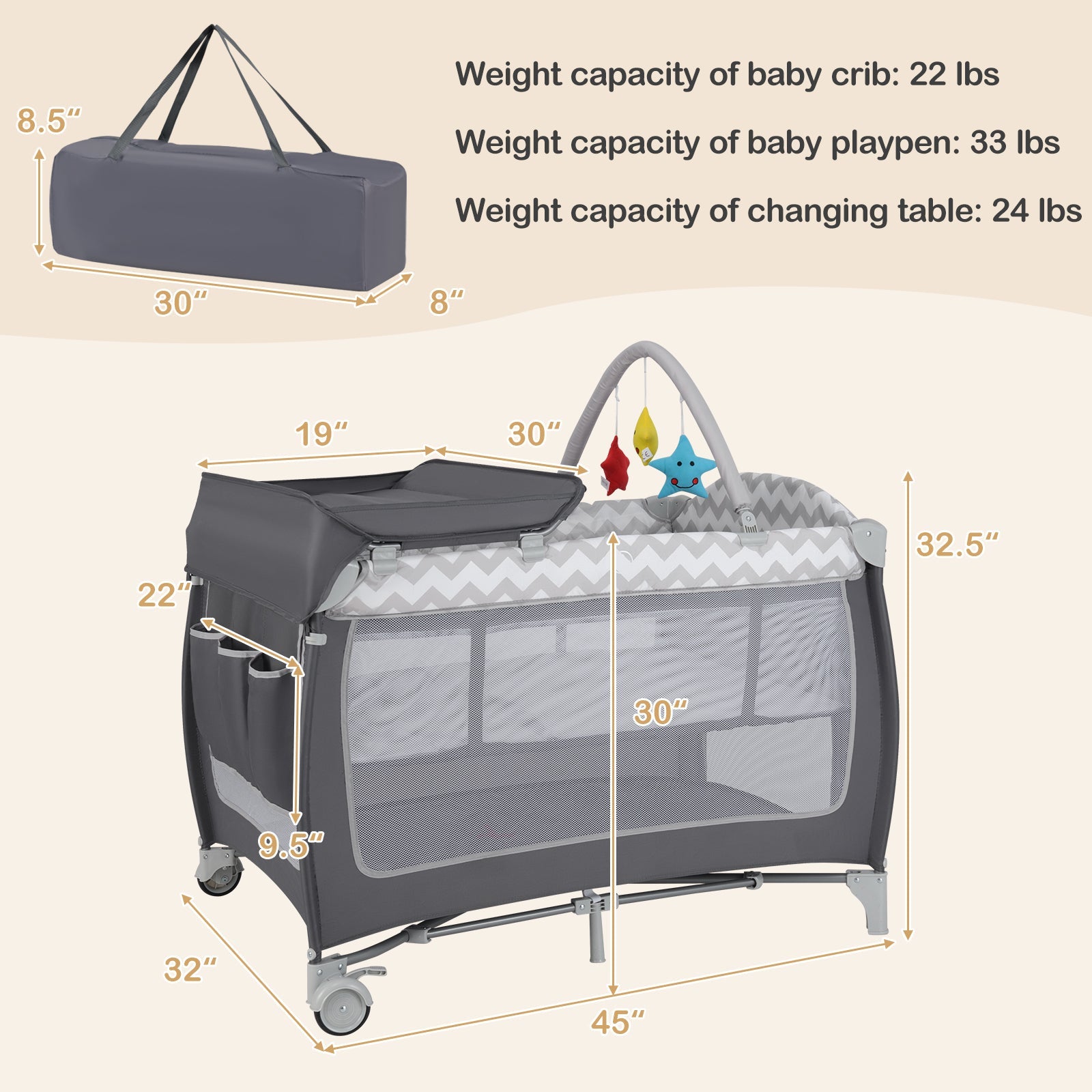 3-in-1 Portable Baby Playard with Zippered Door and Toy Bar