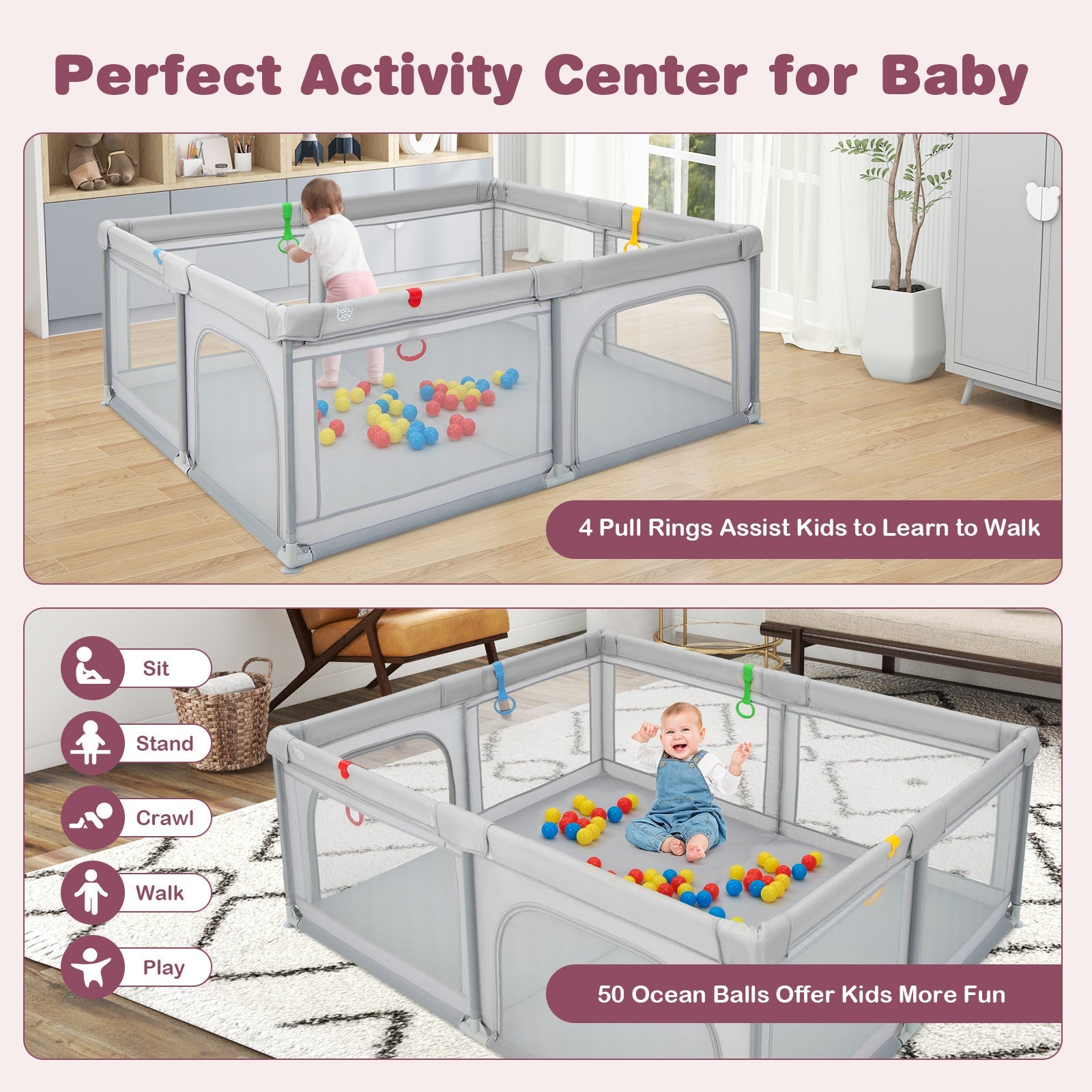 Portable Baby Playpen Large Play Yard with 50 Ocean Balls and 4 Pull Rings-Gray