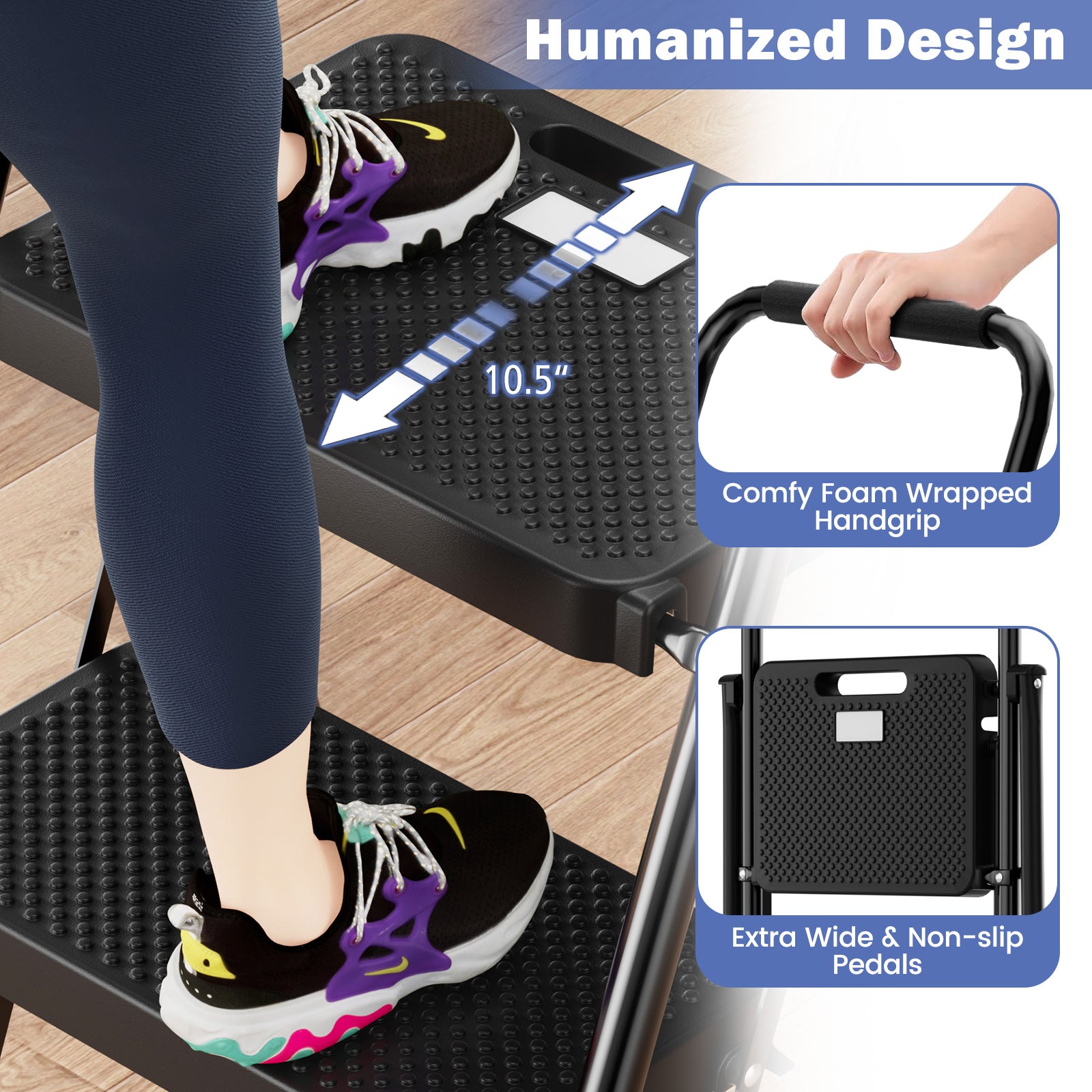 Portable Folding 2 Step Ladder with Wide Anti-Slip Pedal-Black