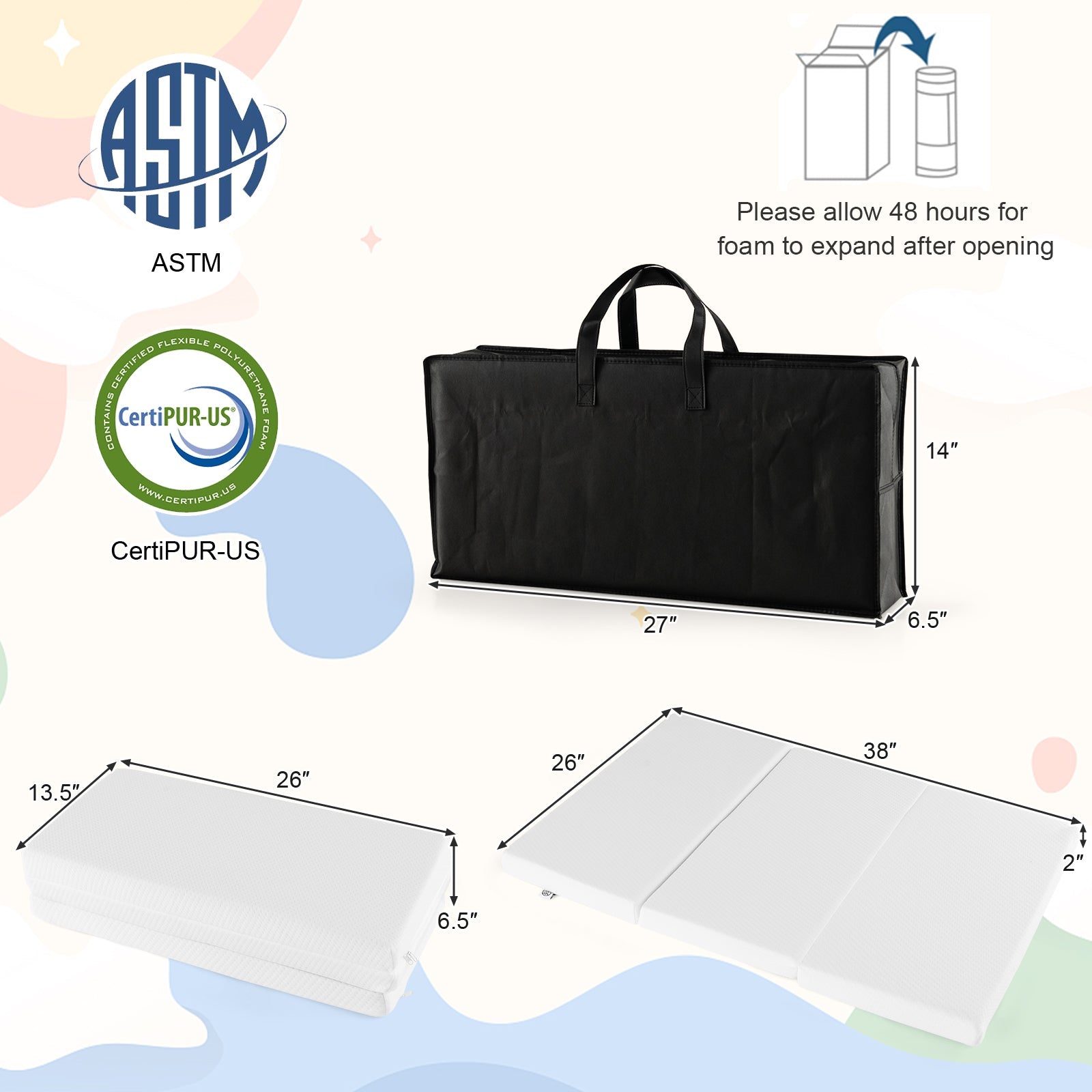 Portable Tri-fold Pack and Play Mattress Pad with Gel-Infused Memory Foam-White