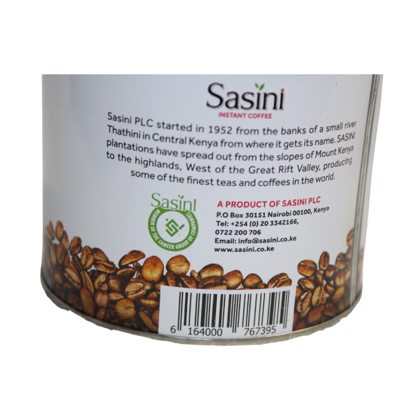 Sasini Instant Coffee 50g rear label close-up image