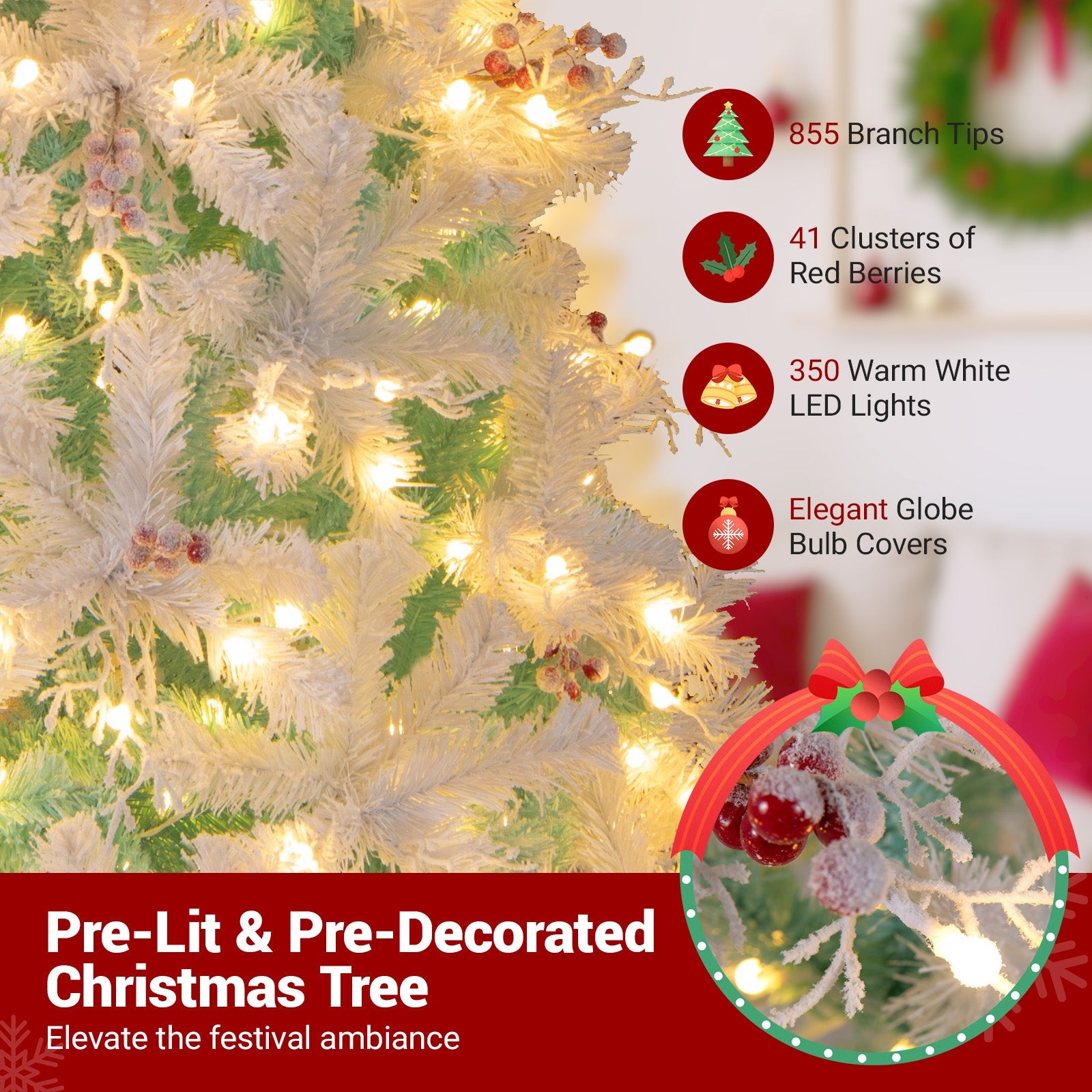 Pre-Lit Artificial Christmas Tree with Snow Flocked Branch Tips