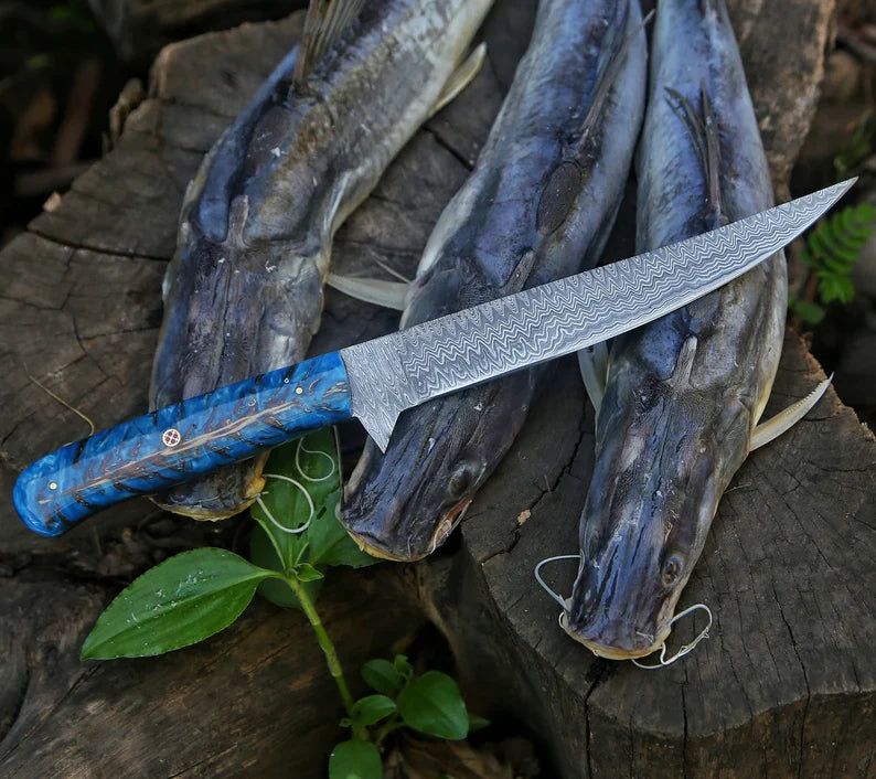 Custom Handmade Damascus Steel Fillet Knife with Aqua Resinwood Handle - 13" Length