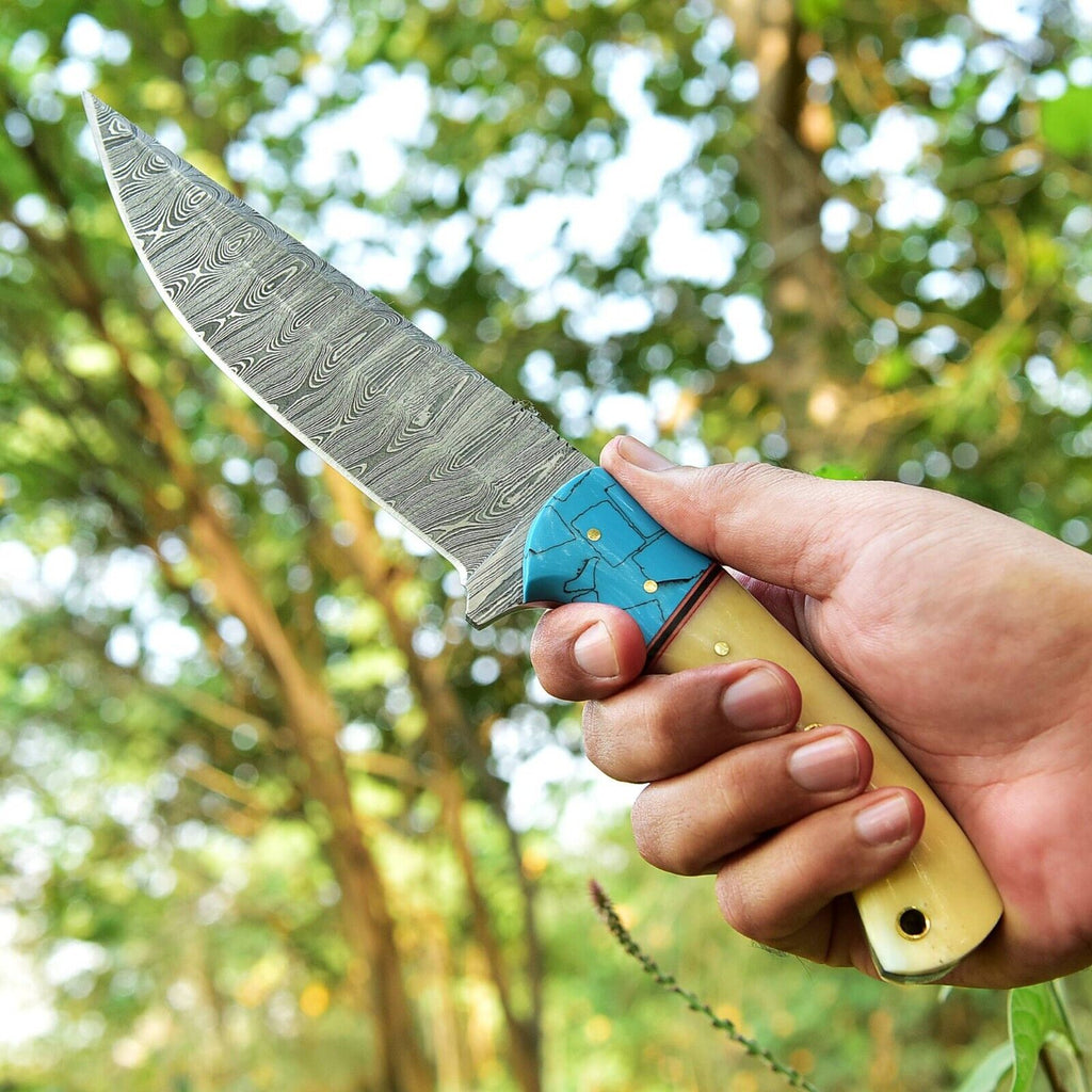 Custom Handmade 10" Damascus Steel Hunting Knife with Camel Bone and Resin Handle | Includes Leather Sheath