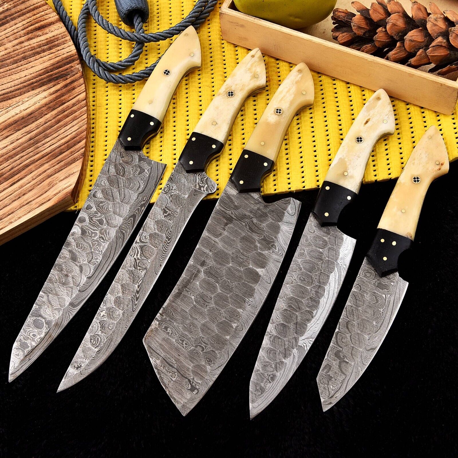 Custom Handmade Damascus Knife Set with Camel Bone & Resin Handles | Free Shipping USA