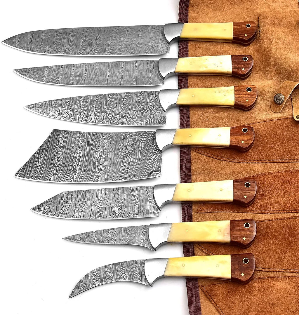 Premium Damascus Cooking Knife Set - Handcrafted with Rosewood & Camel Bone