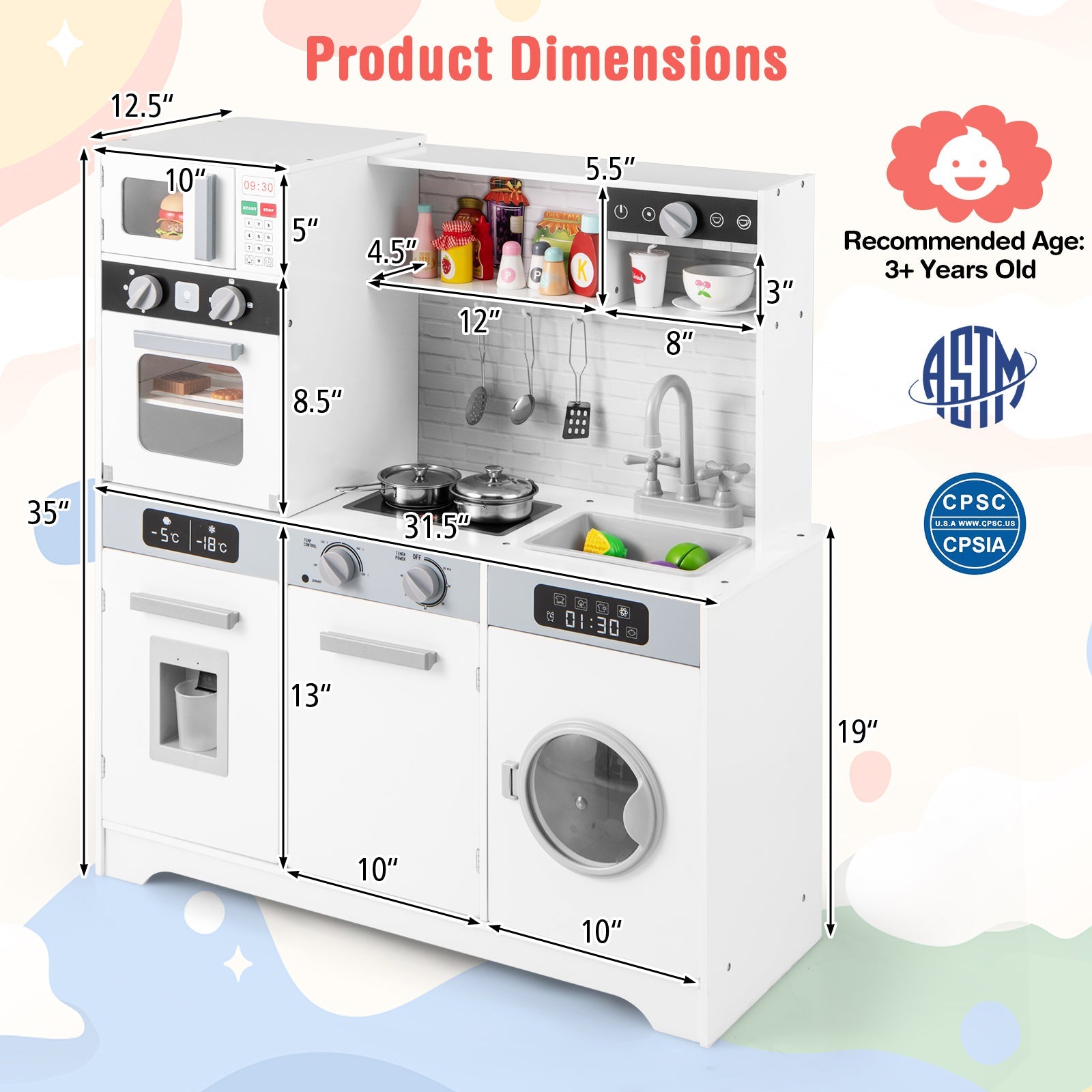 Pretend Play Kitchen Wooden Toy Set Kitchen Accessory Playset with Real Lights Sounds