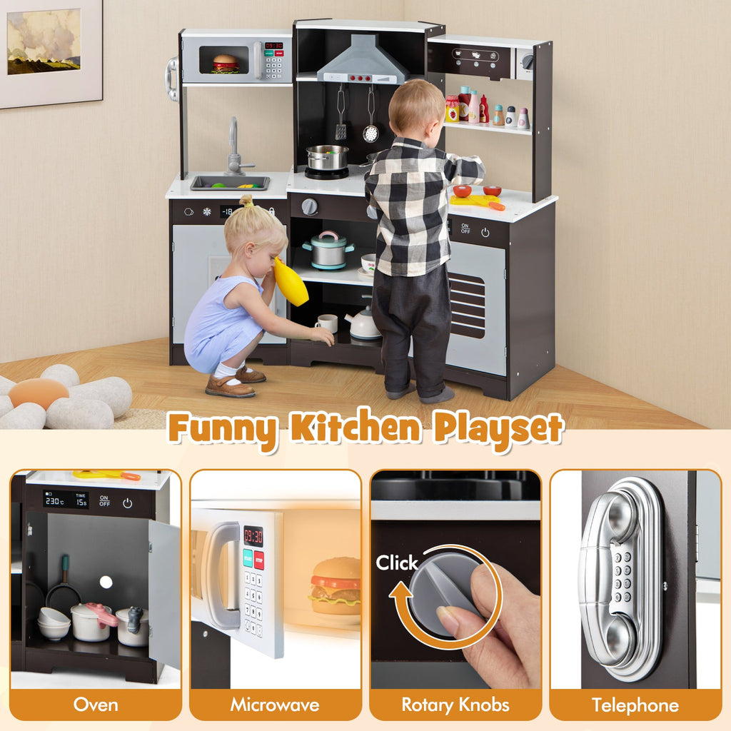 Pretend Play Kitchen Wooden Toy Set with Range Hood Real Sounds and Lights