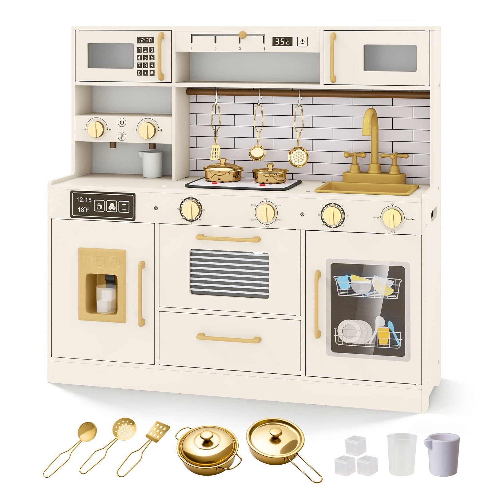 Pretend Toy Kitchen Set with Stoves and Water Dispenser-Beige