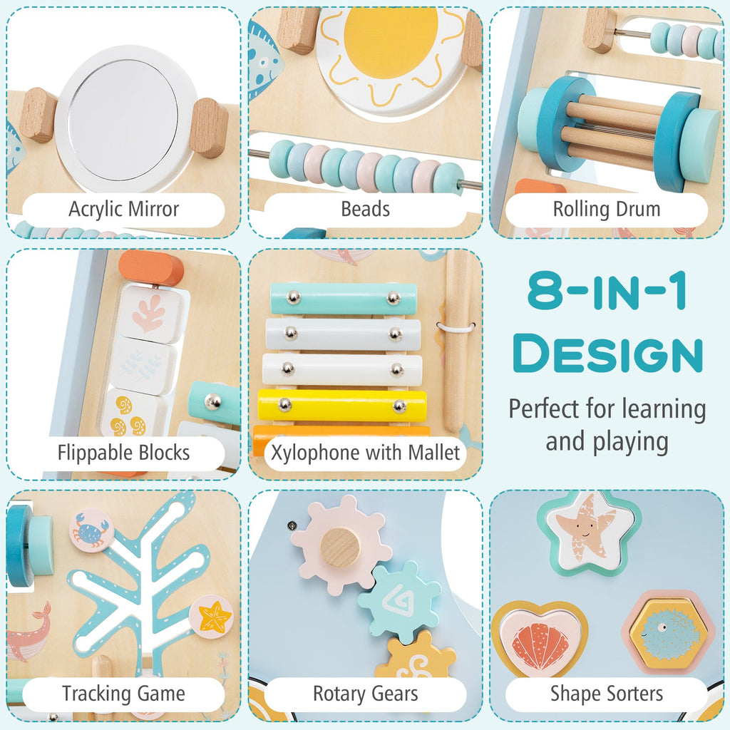 Wooden Baby Walker Push and Pull Learning Activity Center with Wheels-Blue