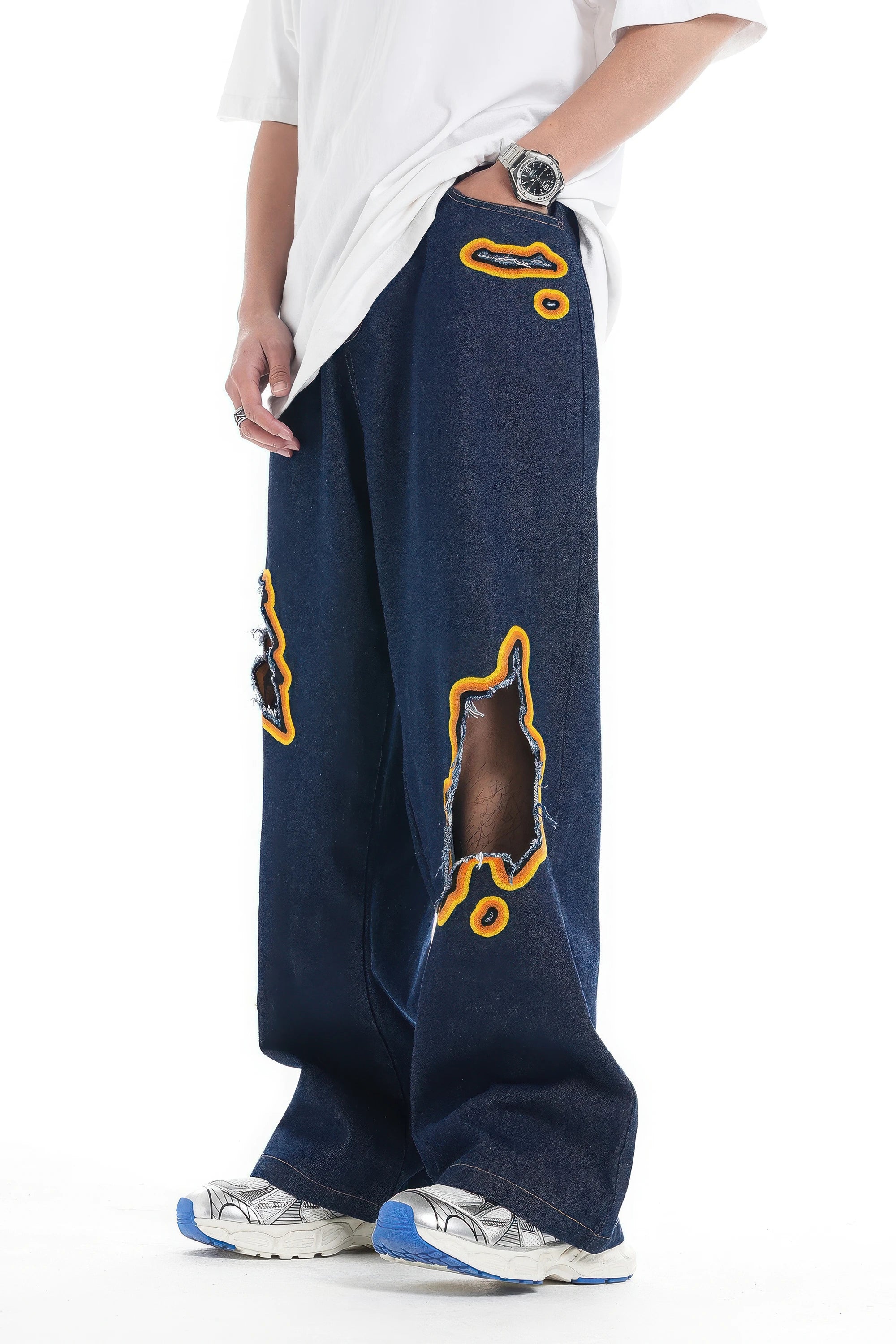Flame Burnout Distressed Denim Jeans – Bold, Street Style Design